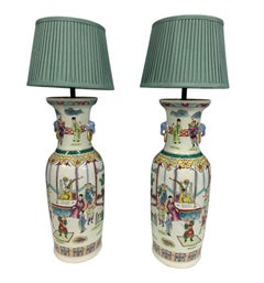Pair Chinese Vase Lamps Porcelain Famille Rose Table Lamps 1930