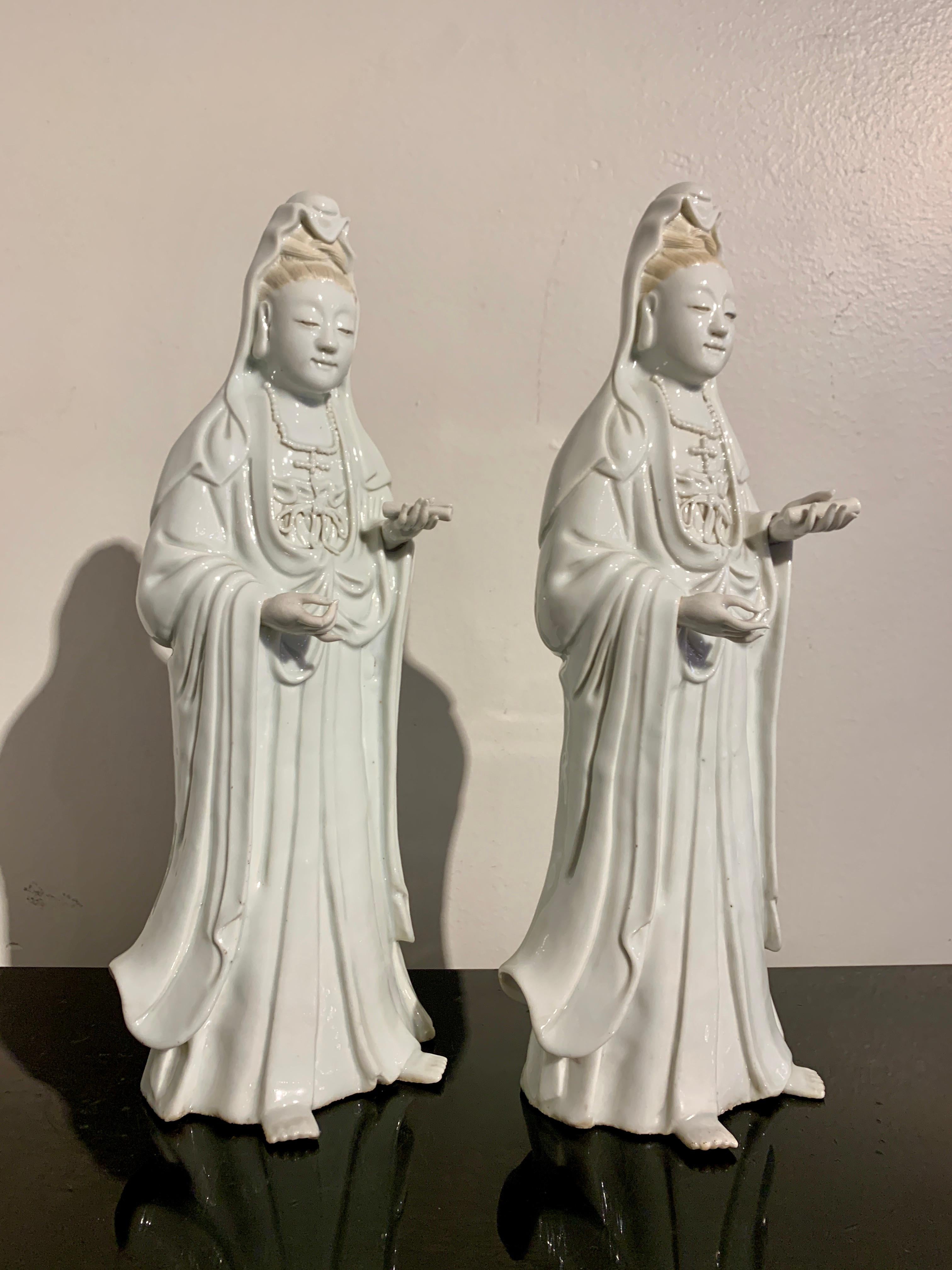 18th Century and Earlier Pair Chinese White Glazed Guanyin, Qing Dynasty, 18th Century, China For Sale