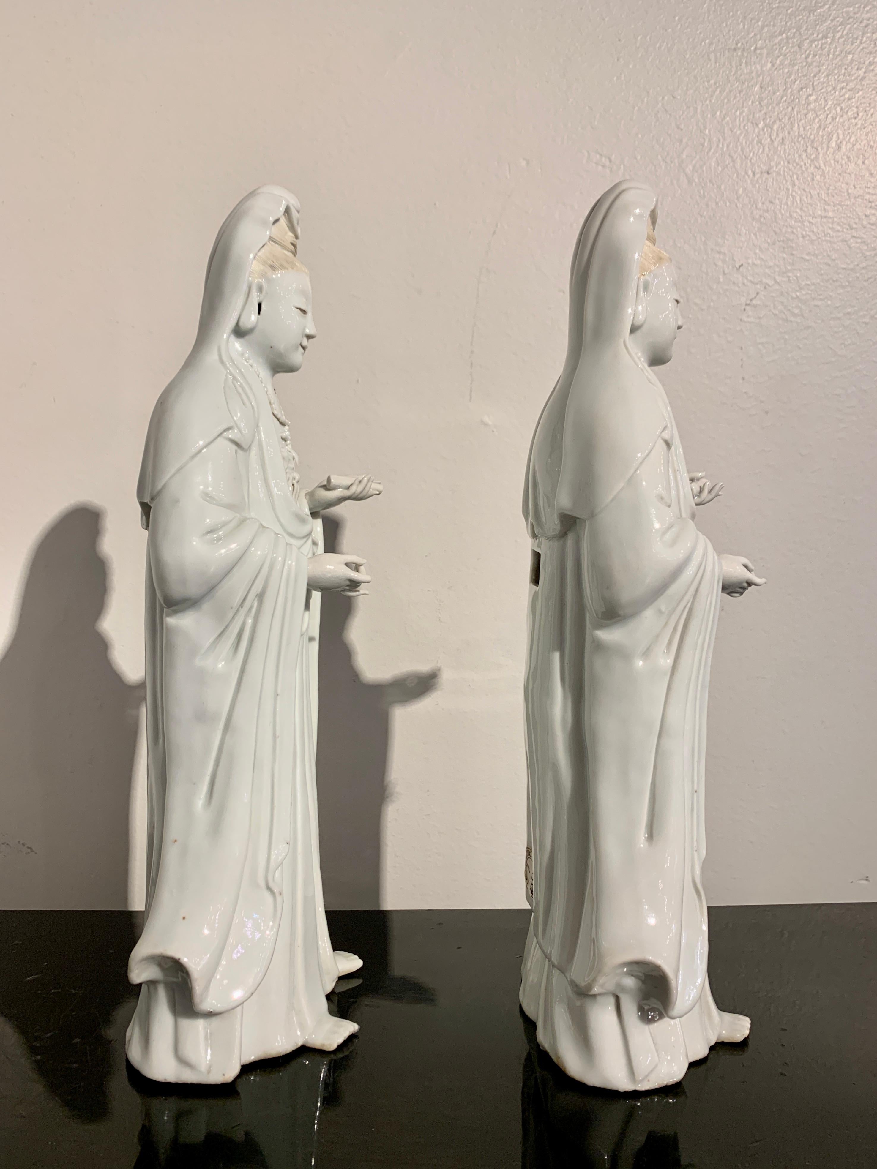 Porcelain Pair Chinese White Glazed Guanyin, Qing Dynasty, 18th Century, China For Sale