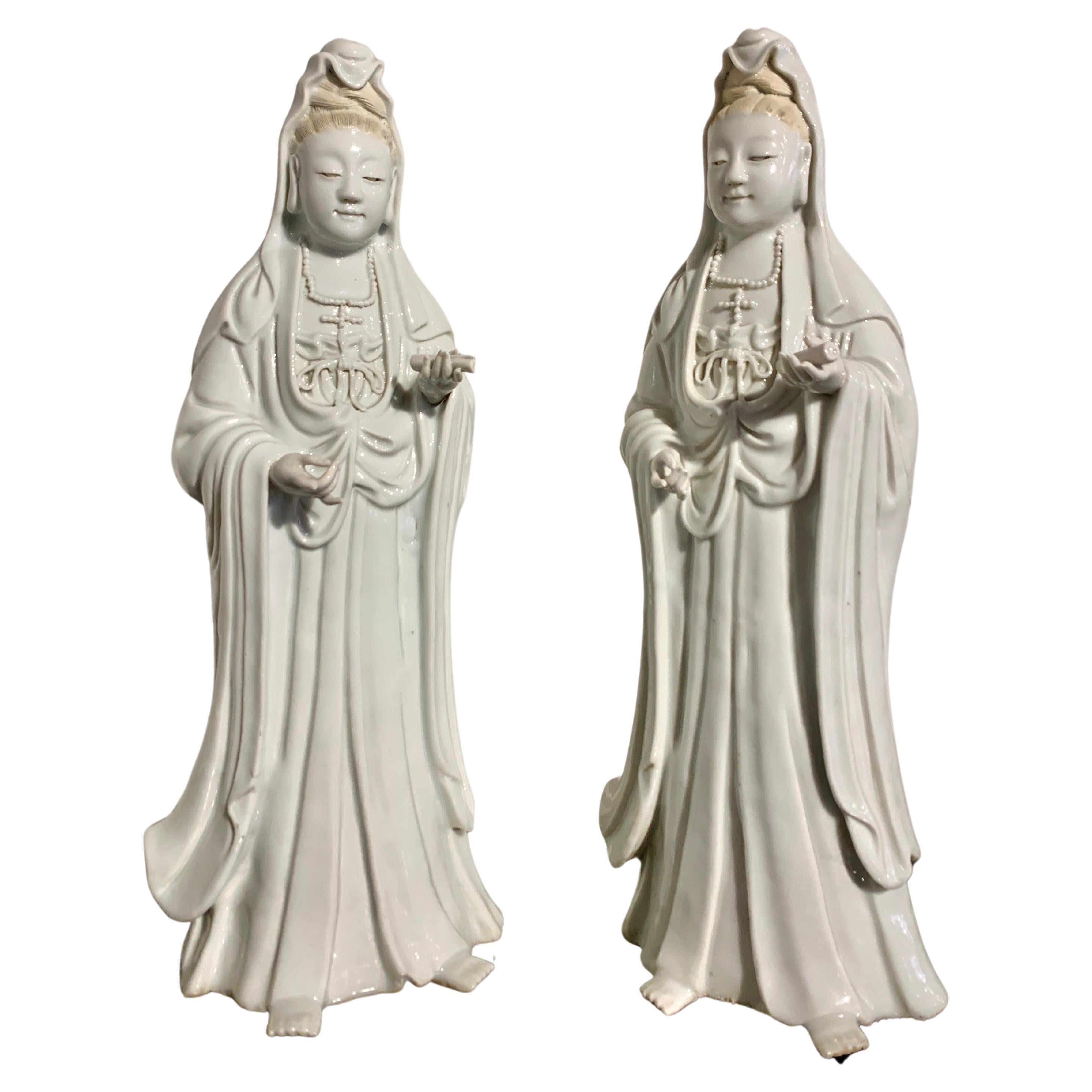 Pair Chinese White Glazed Guanyin, Qing Dynasty, 18th Century, China For Sale