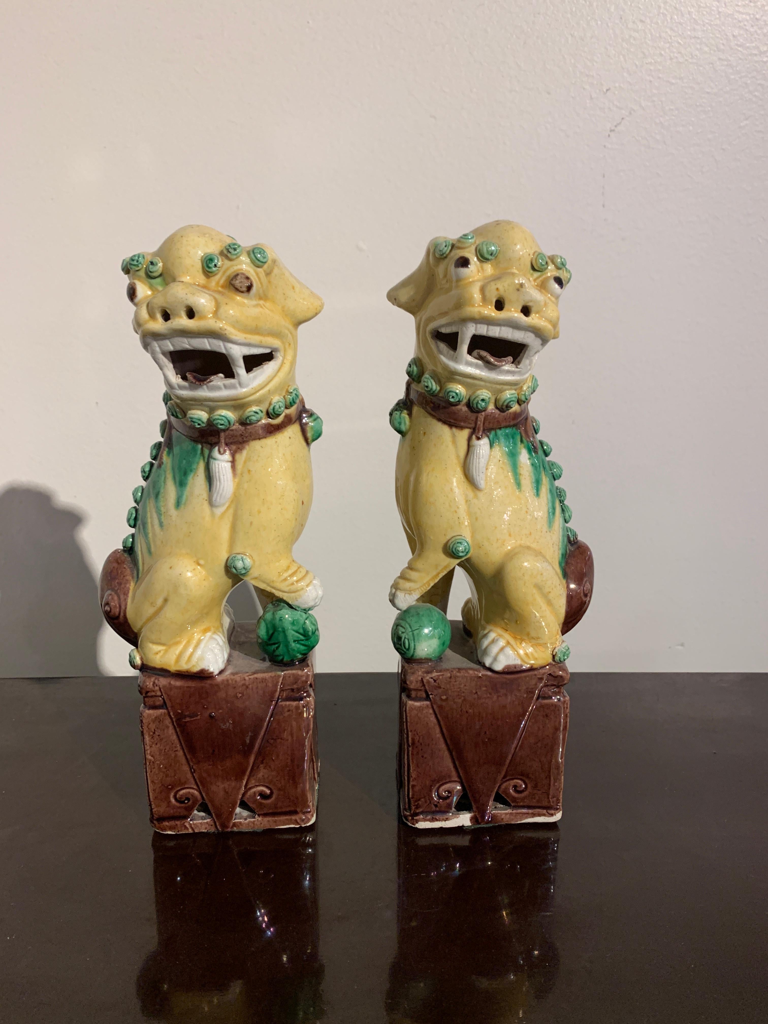 A fun and whimsical pair of Chinese porcelain foo dogs in yellow, green and purple brown glazes, Republic Period, circa 1920s. 

Each goofy foo dog glazed yellow with green and puce highlights, and seated upon a brownish purple glazed plinth.