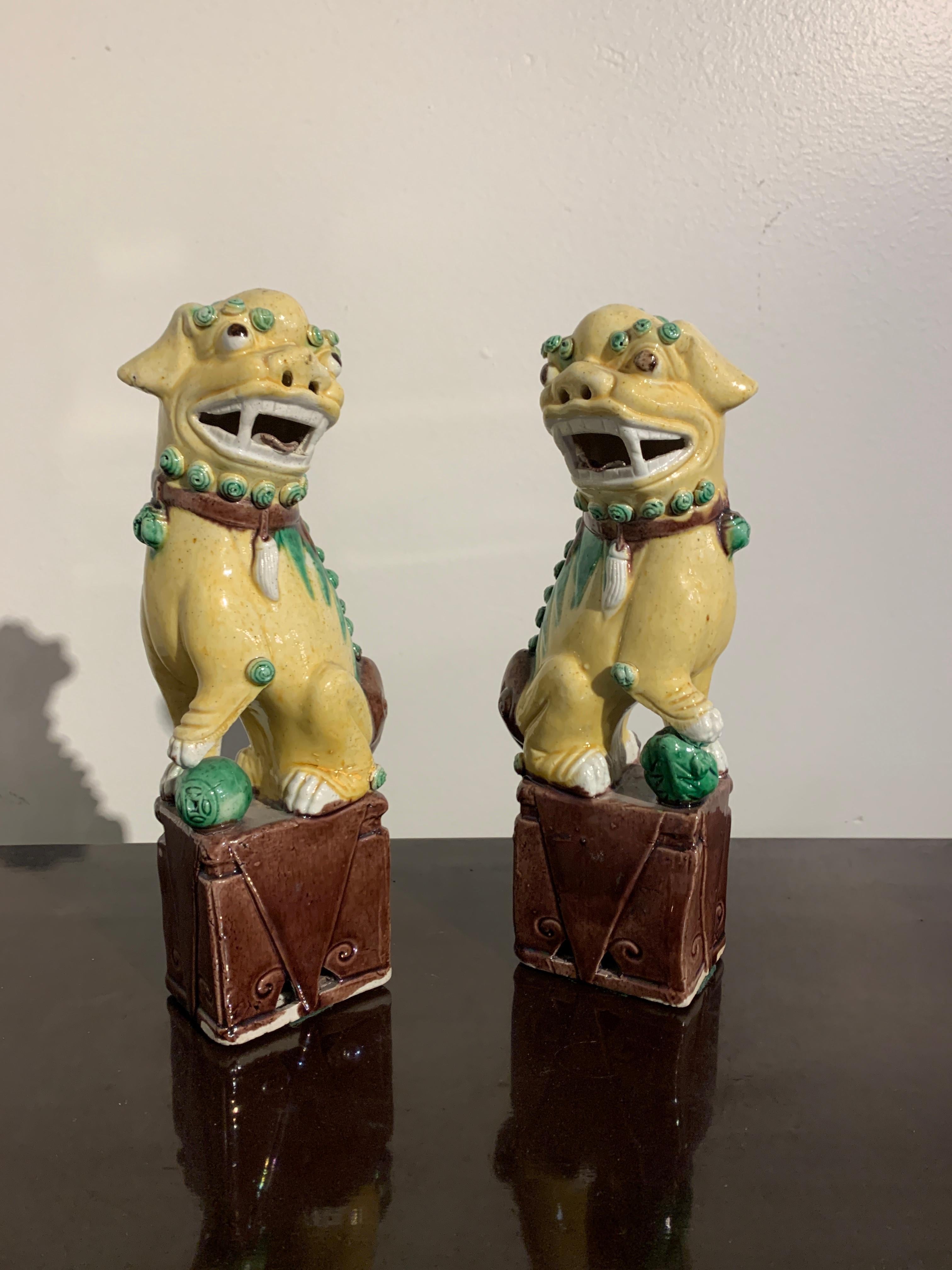 Porcelain Pair of Chinese Yellow Glazed Foo Dogs, Republic Period, Early 20th Century