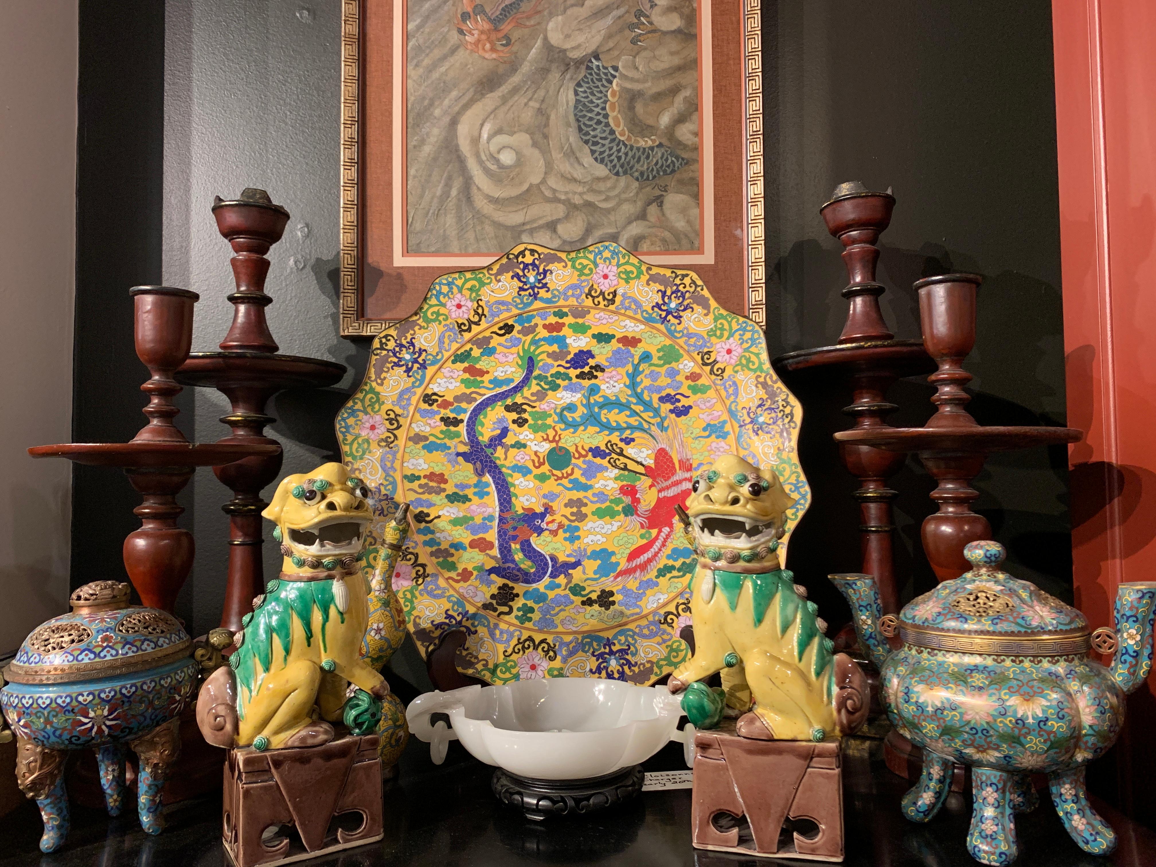 Pair of Chinese Yellow Glazed Porcelain Foo Dogs, circa 1930s 6