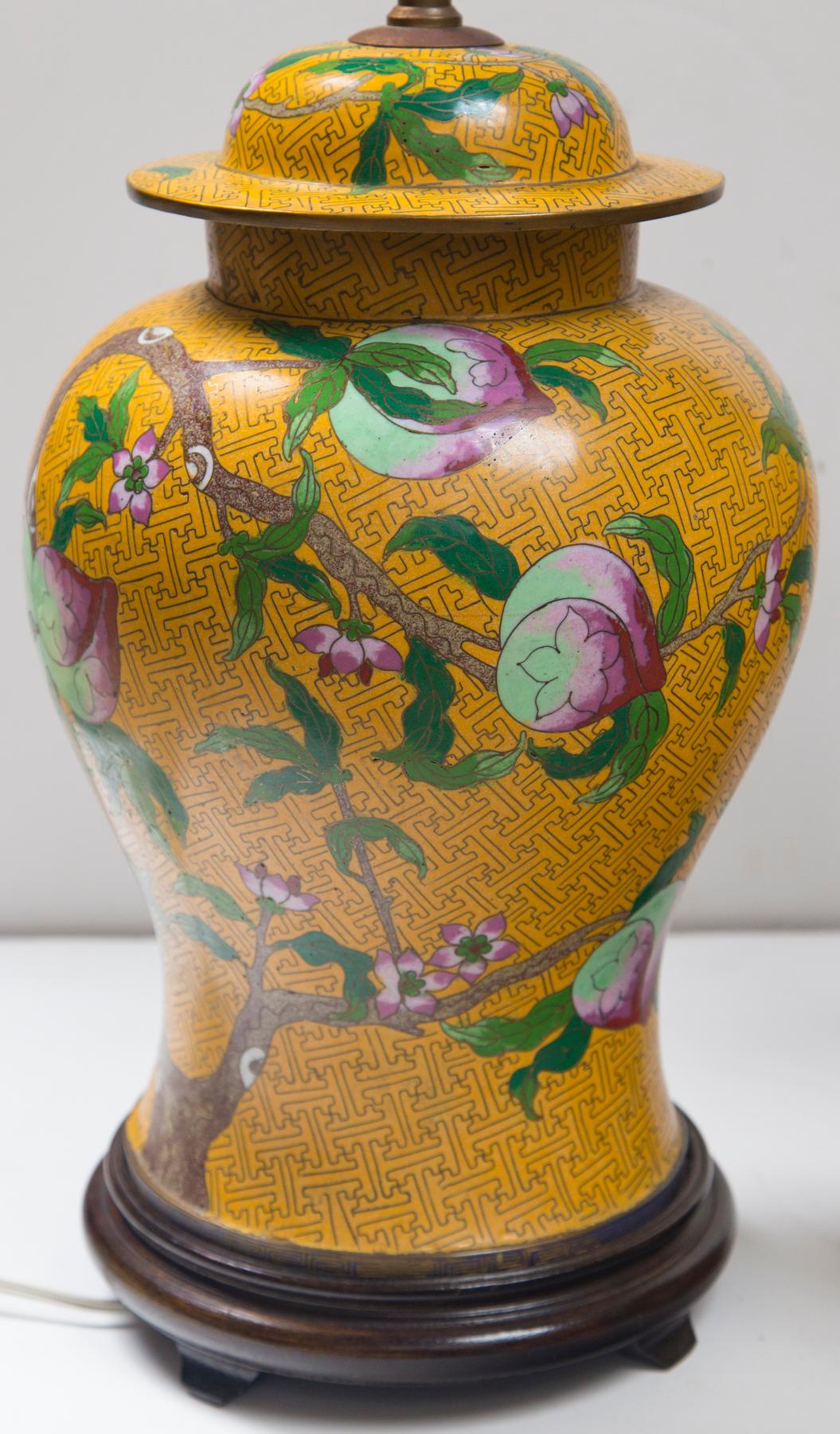 Chinois Paire de lampes chinoises en cloisonné à fond jaune