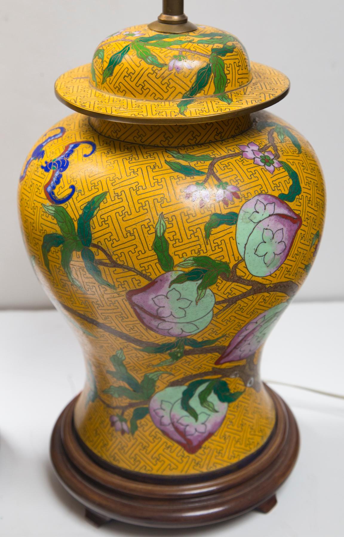 Cloissoné Pair of Chinese Yellow Ground Cloisonne Lamps