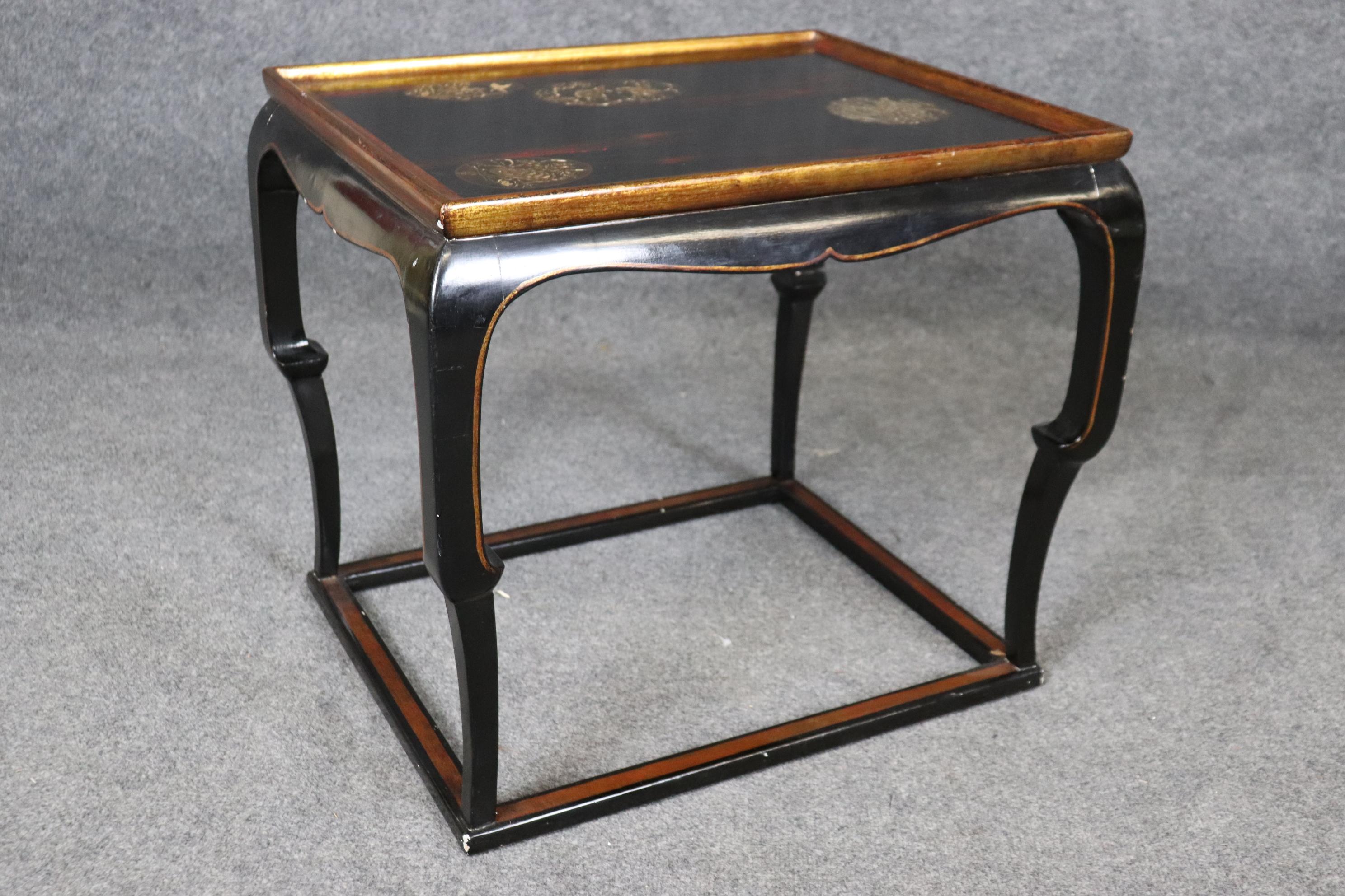 Pair Chinoiserie Black and Gold Lacquered End Tables Painted Mythical Animals 4