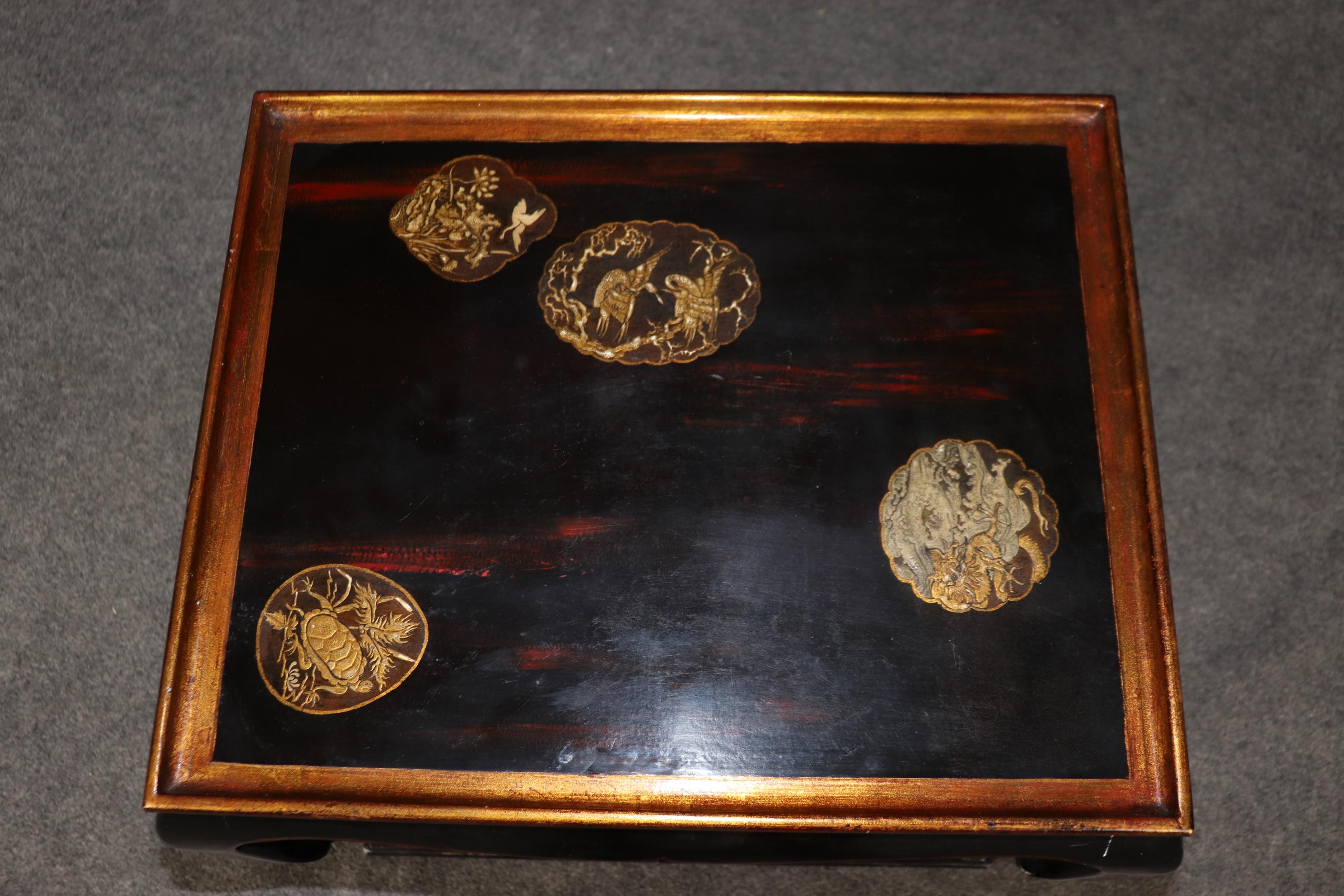 Pair Chinoiserie Black and Gold Lacquered End Tables Painted Mythical Animals 5