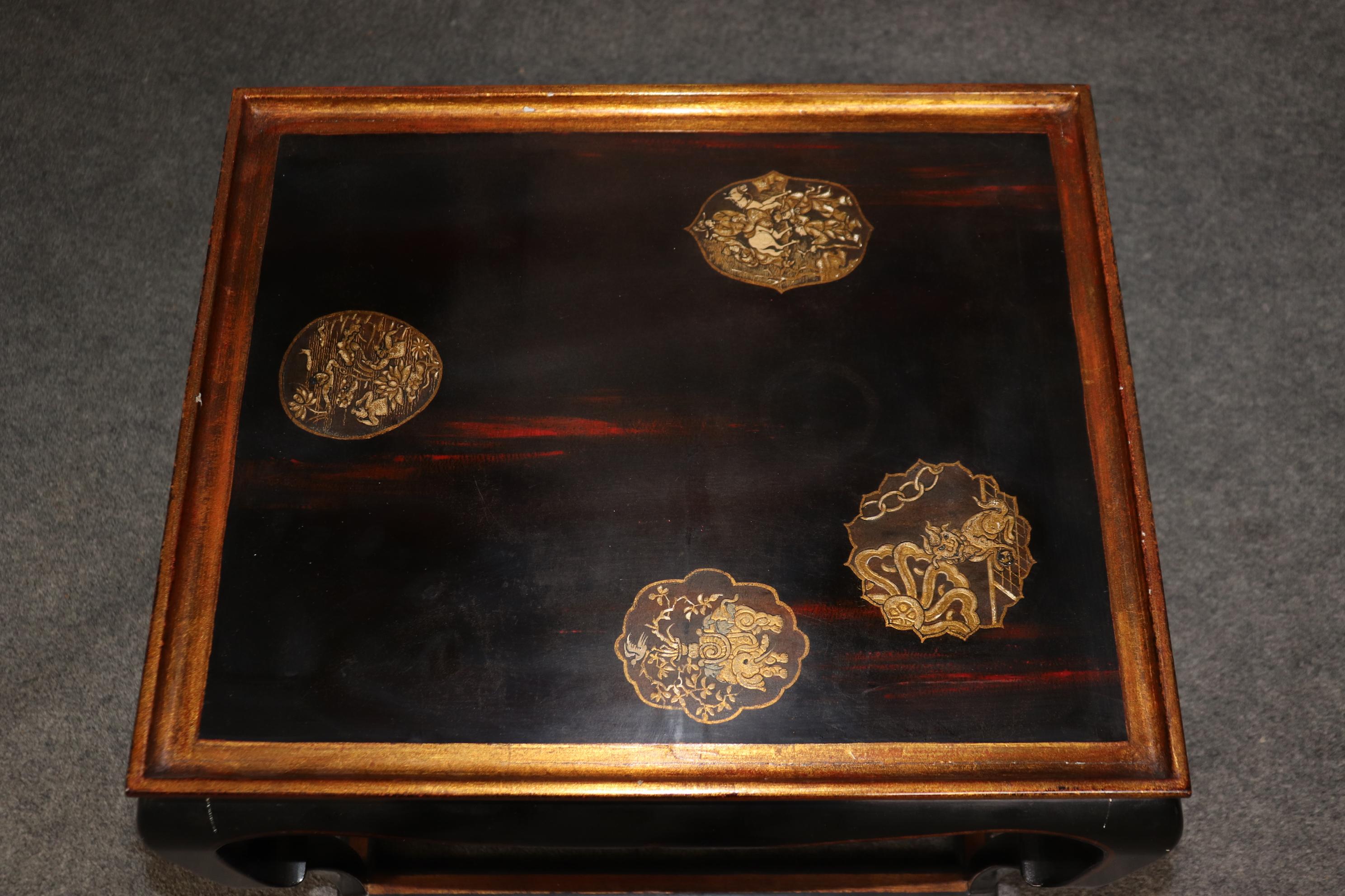 Pair Chinoiserie Black and Gold Lacquered End Tables Painted Mythical Animals 6