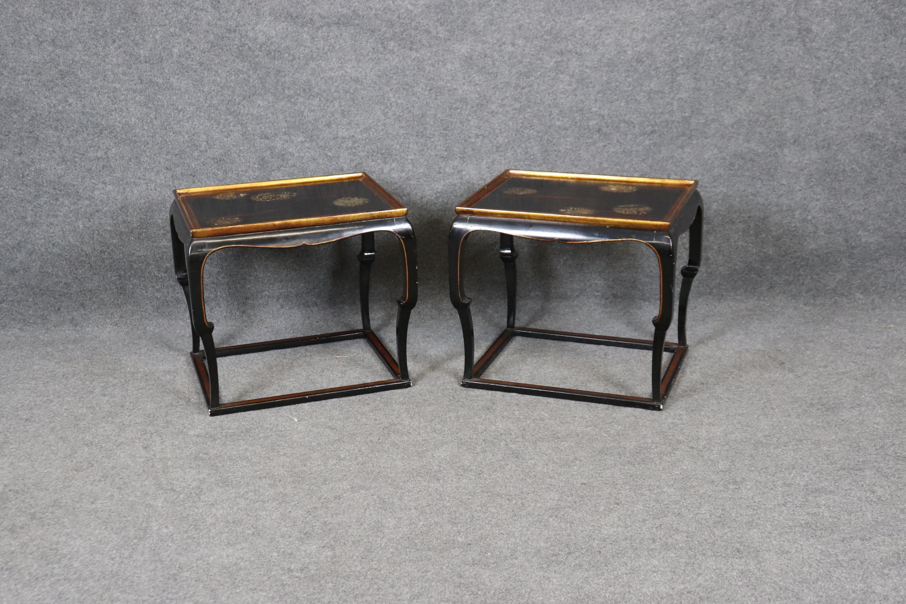 Early 20th Century Pair Chinoiserie Black and Gold Lacquered End Tables Painted Mythical Animals