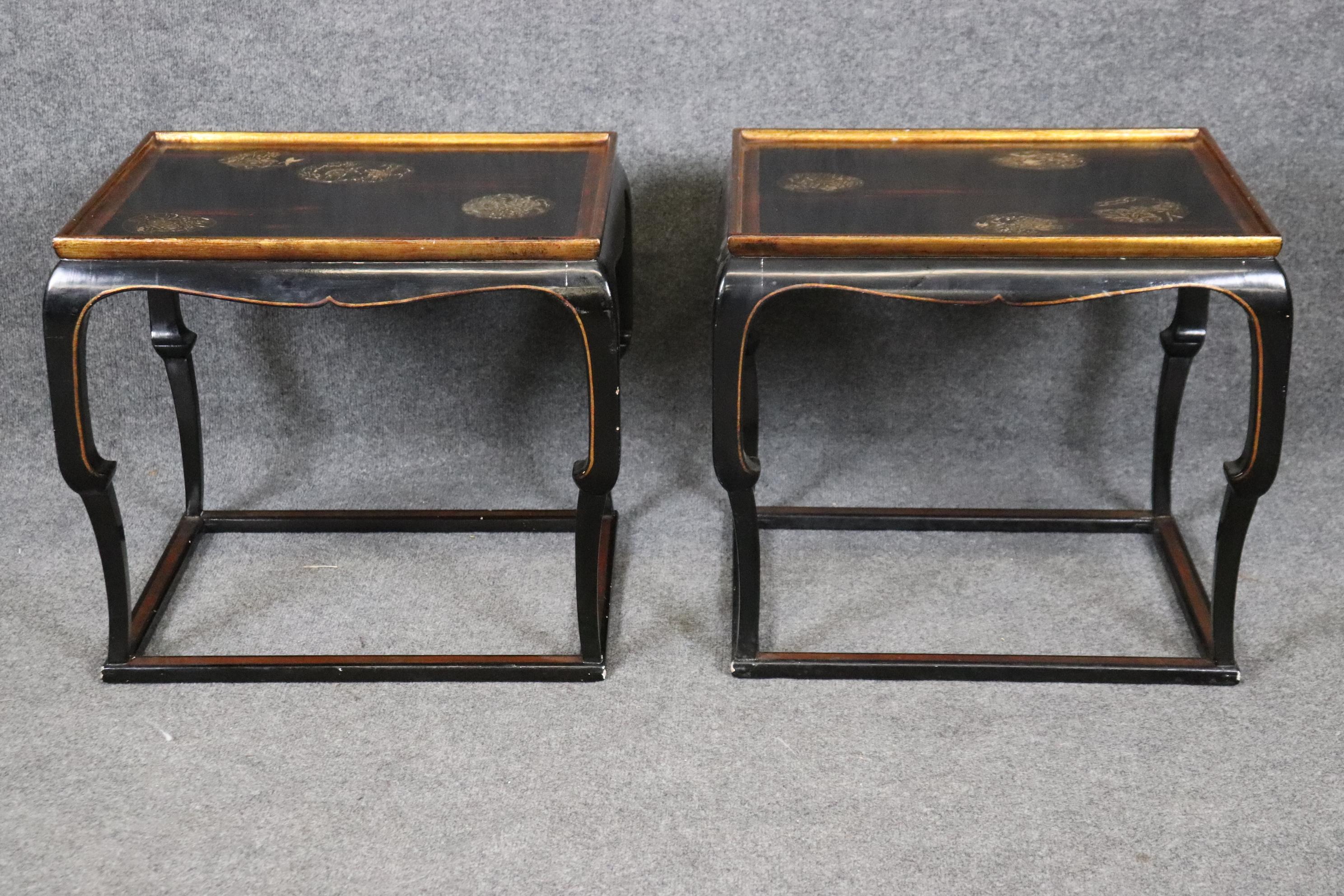Walnut Pair Chinoiserie Black and Gold Lacquered End Tables Painted Mythical Animals
