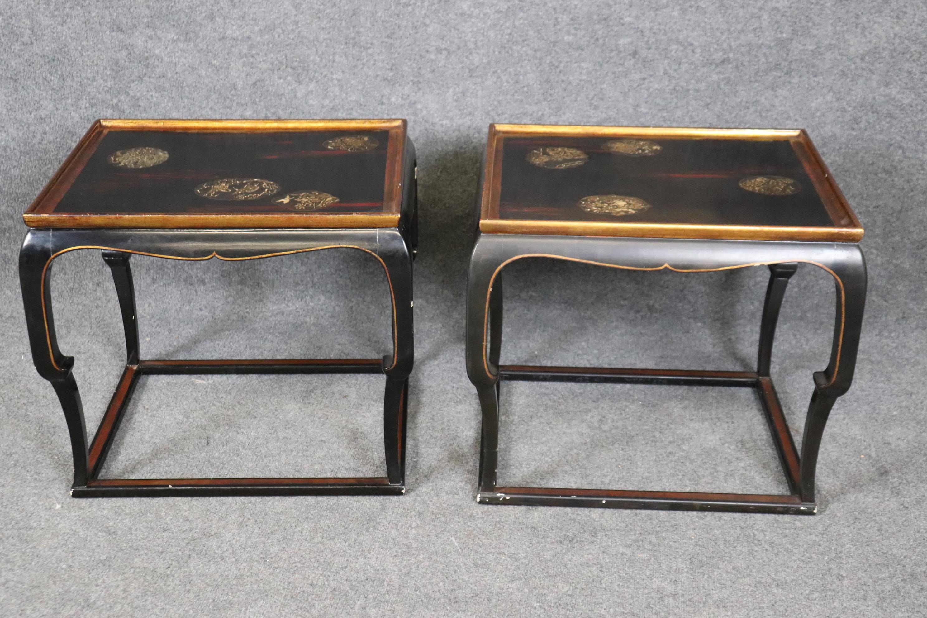 Pair Chinoiserie Black and Gold Lacquered End Tables Painted Mythical Animals 2
