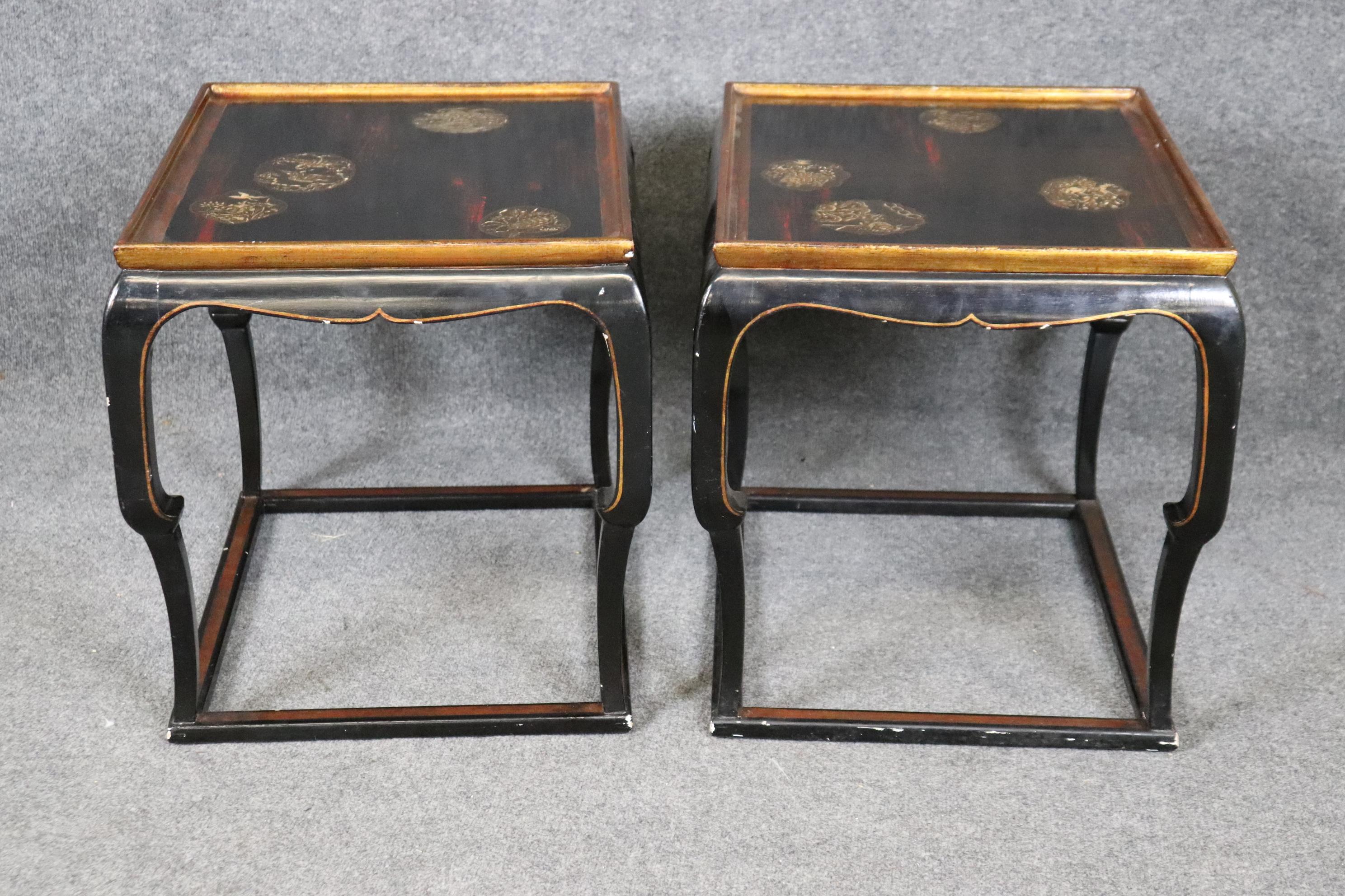 Pair Chinoiserie Black and Gold Lacquered End Tables Painted Mythical Animals 3