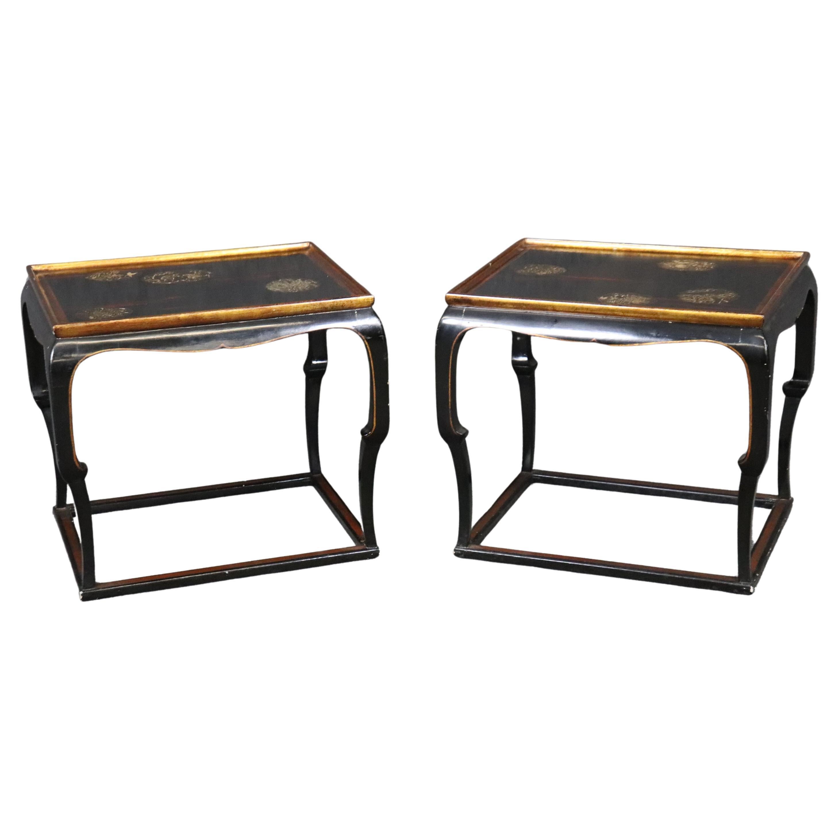 Pair Chinoiserie Black and Gold Lacquered End Tables Painted Mythical Animals