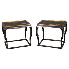 Antique Pair Chinoiserie Black and Gold Lacquered End Tables Painted Mythical Animals