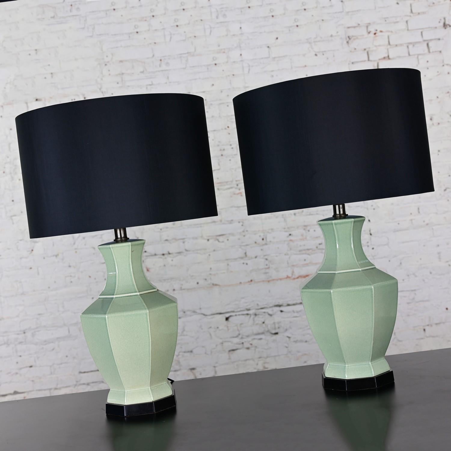 Pair Chinoiserie Celadon Jade Green Celadon Octagon Urn Table Lamps Black Shades For Sale 4