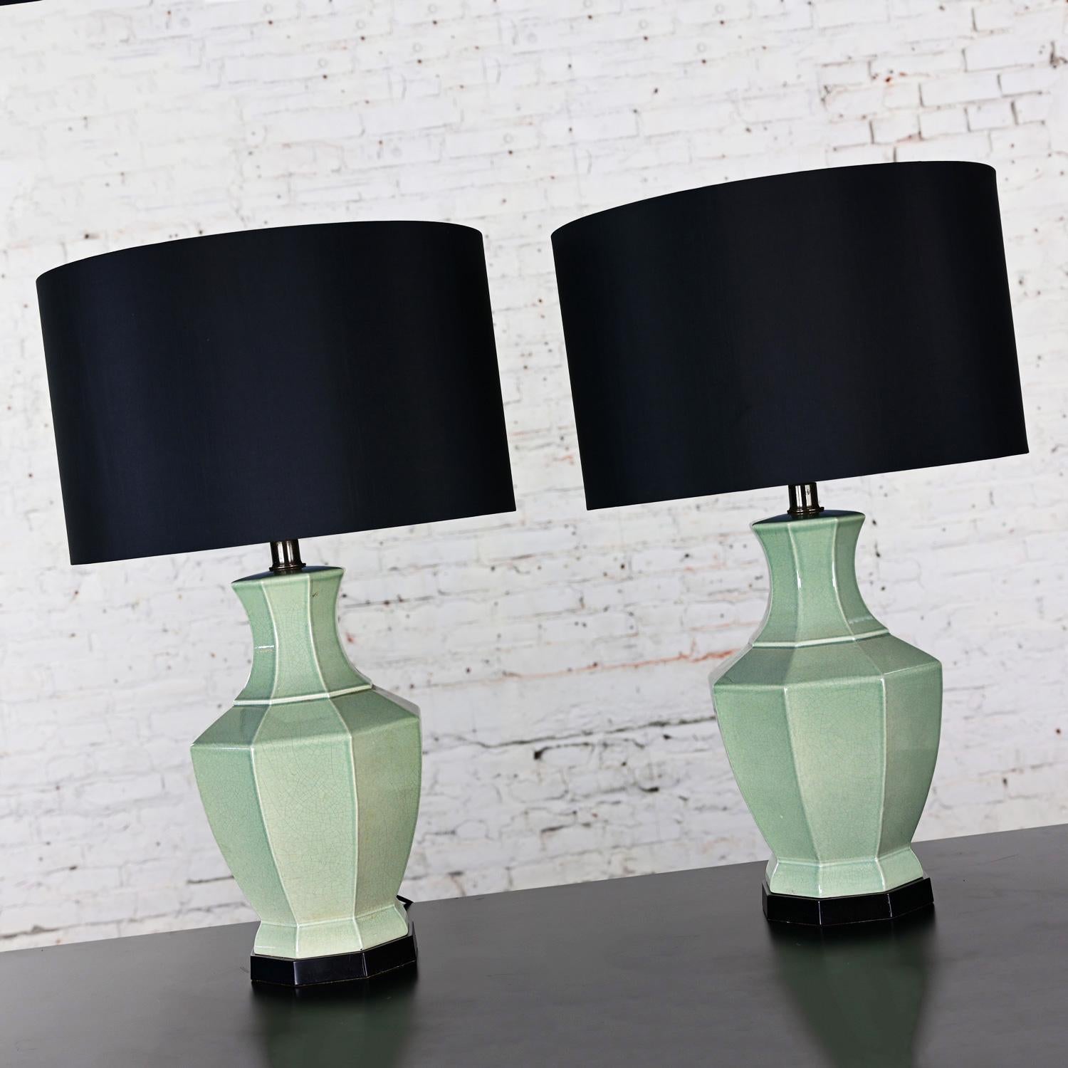 Pair Chinoiserie Celadon Jade Green Celadon Octagon Urn Table Lamps Black Shades In Good Condition For Sale In Topeka, KS