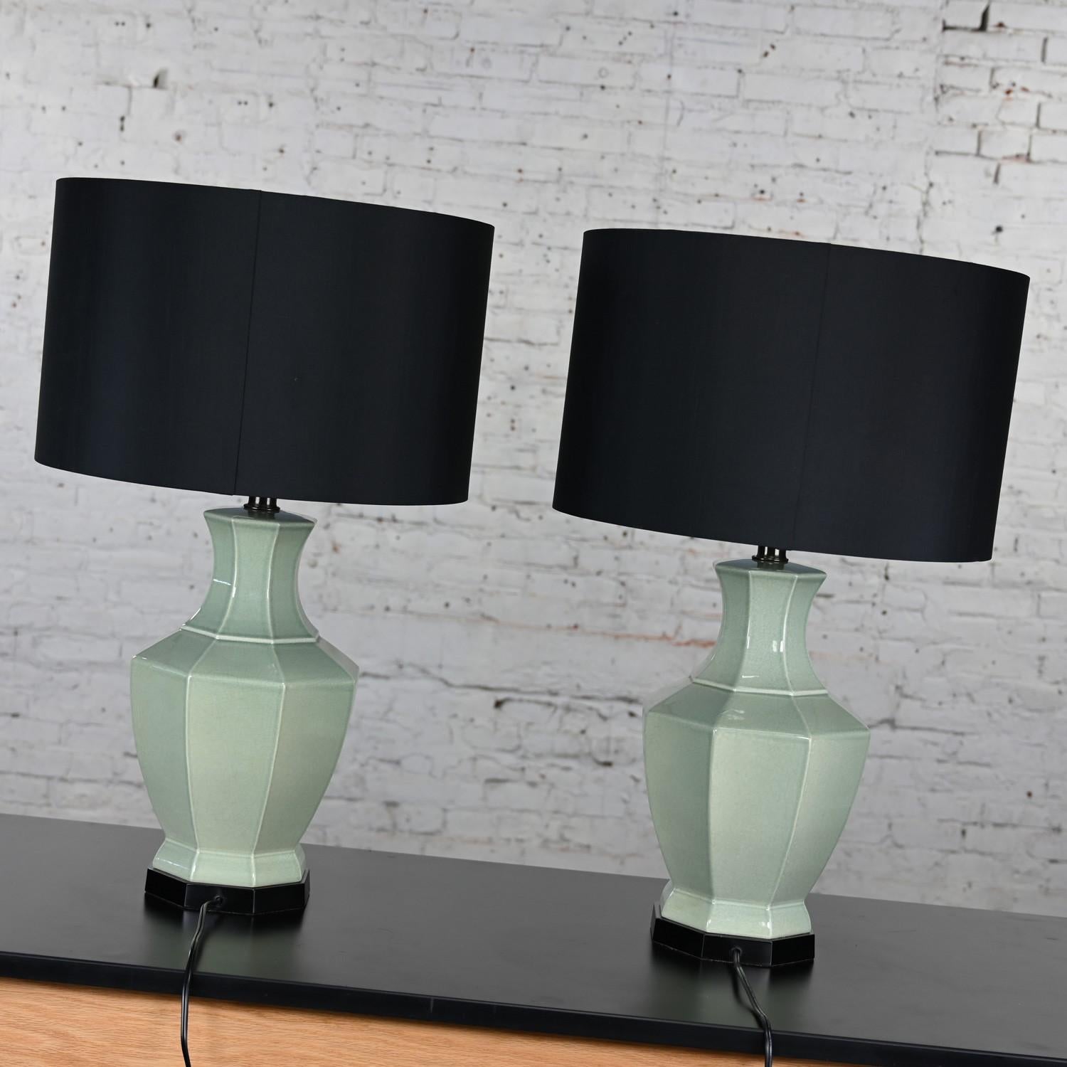 20th Century Pair Chinoiserie Celadon Jade Green Celadon Octagon Urn Table Lamps Black Shades For Sale