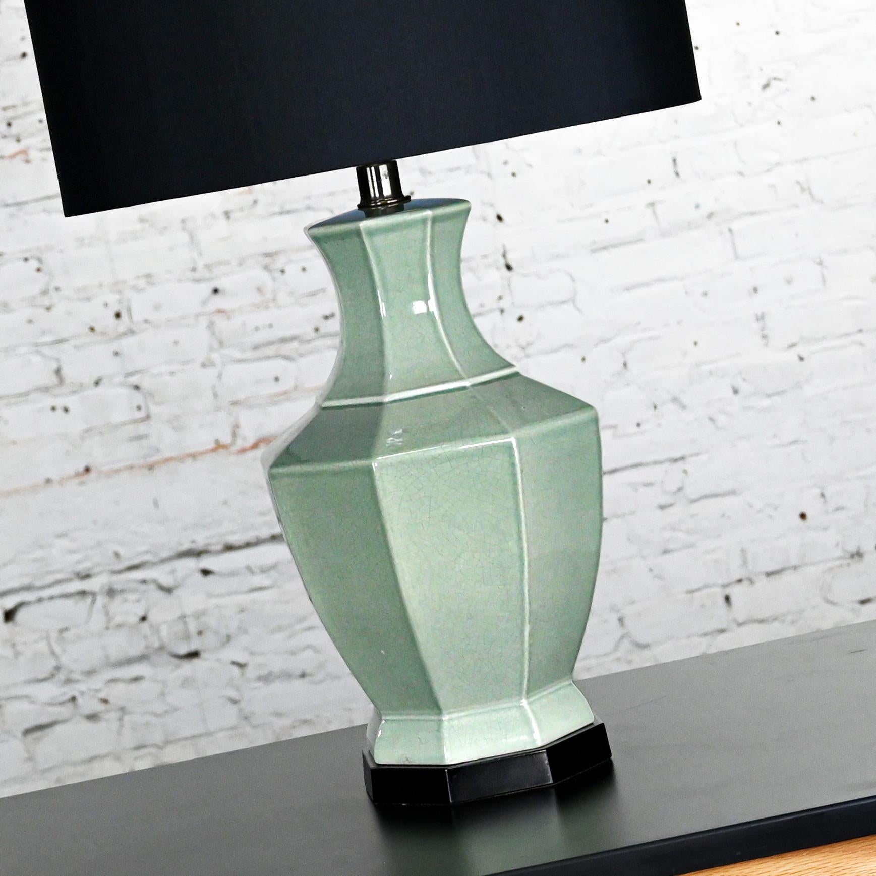Pair Chinoiserie Celadon Jade Green Celadon Octagon Urn Table Lamps Black Shades 2