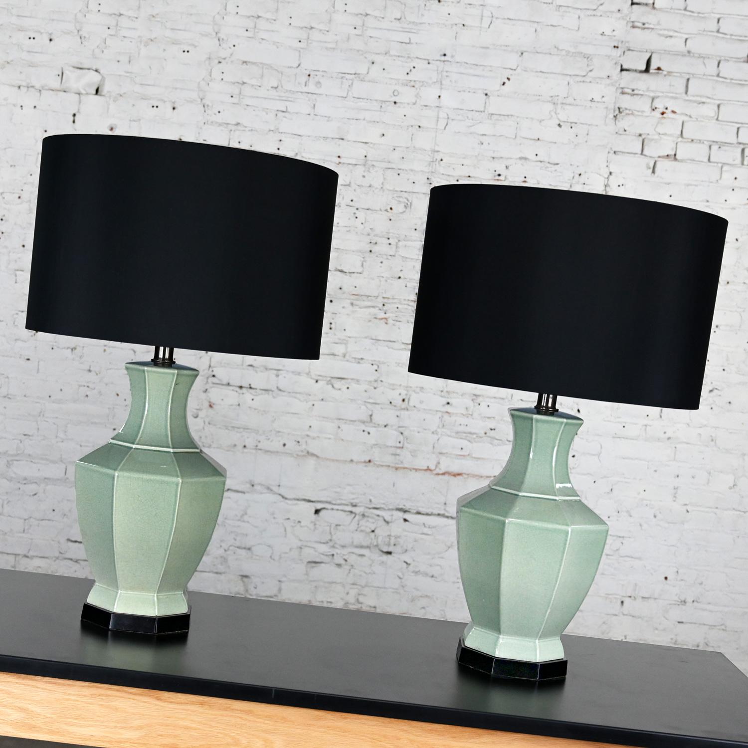 Pair Chinoiserie Celadon Jade Green Celadon Octagon Urn Table Lamps Black Shades For Sale 3