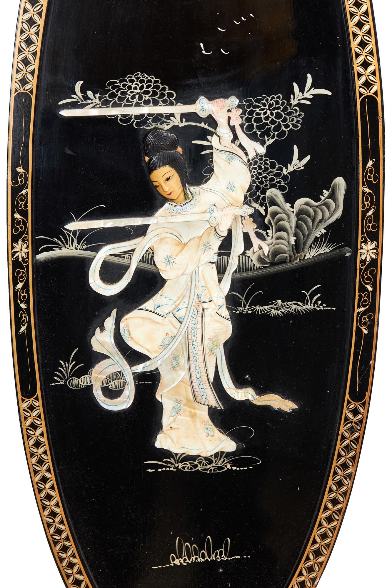 Pair chinoiserie decorated wall panels, circa 1930s
Black & gold detail
Depicting Lady Warrior, with overlaid mother of pearl.
Trees & foliage in the background
Art Deco Design screw hook
Good Original Condition.