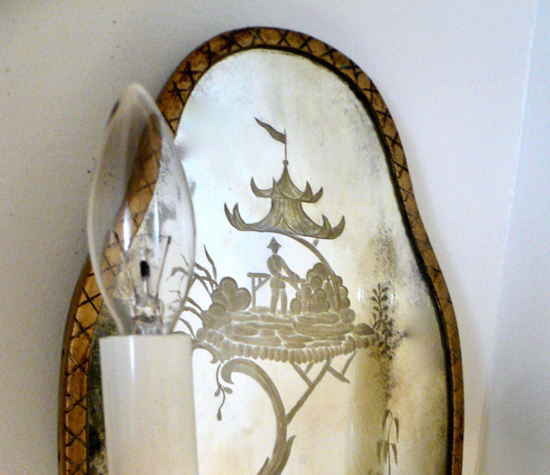Pair Chinoiserie Design Mirror Back Sconces, Attributed to E.F. Caldwell For Sale 3