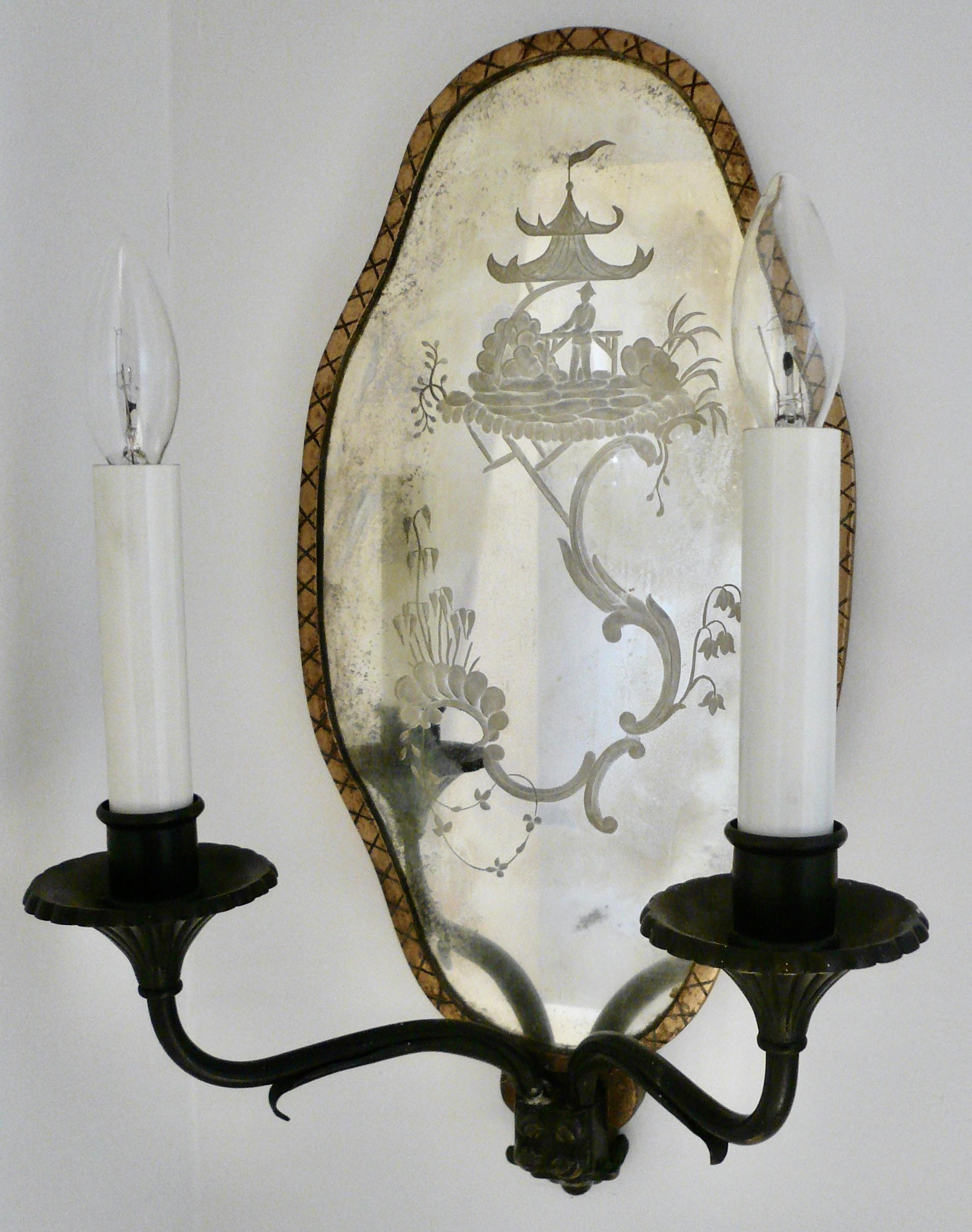Pair Chinoiserie Design Mirror Back Sconces, Attributed to E.F. Caldwell For Sale 4
