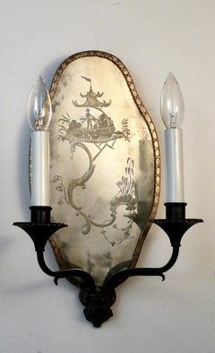 Pair Chinoiserie Design Mirror Back Sconces, Attributed to E.F. Caldwell