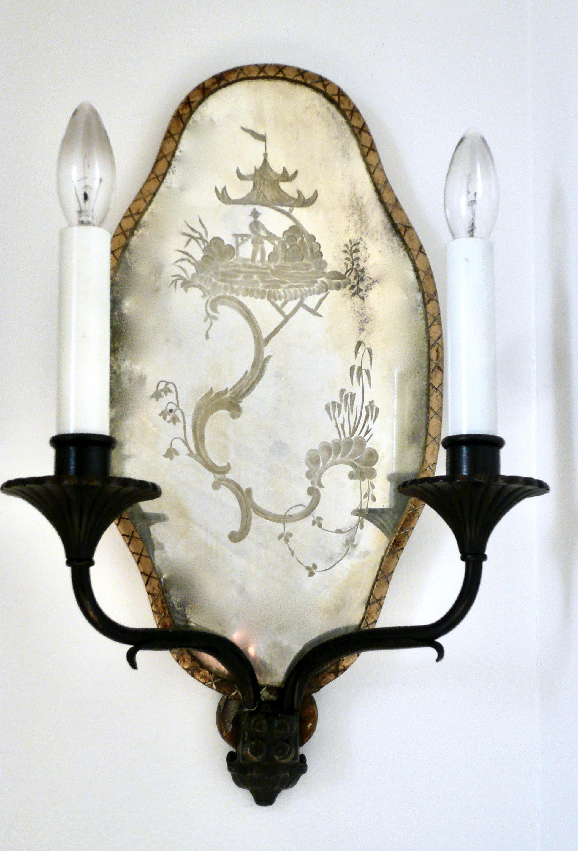 Bronze Pair Chinoiserie Design Mirror Back Sconces, Attributed to E.F. Caldwell For Sale