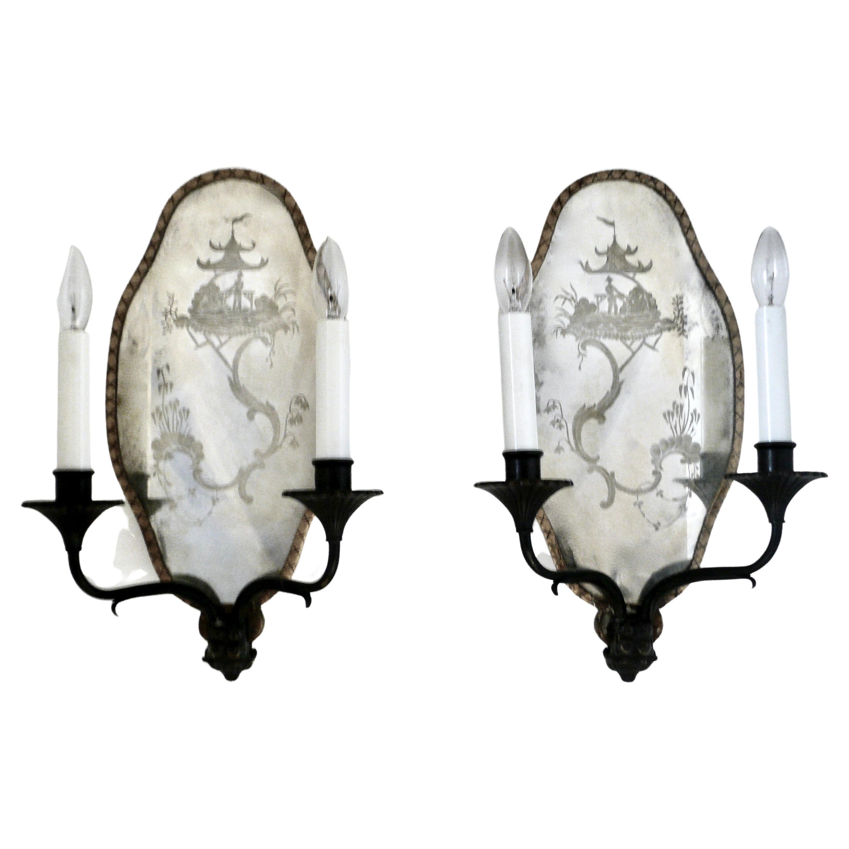 Pair Chinoiserie Design Mirror Back Sconces, Attributed to E.F. Caldwell