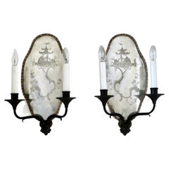 Pair Chinoiserie Design Mirror Back Sconces, Attributed to E.F. Caldwell