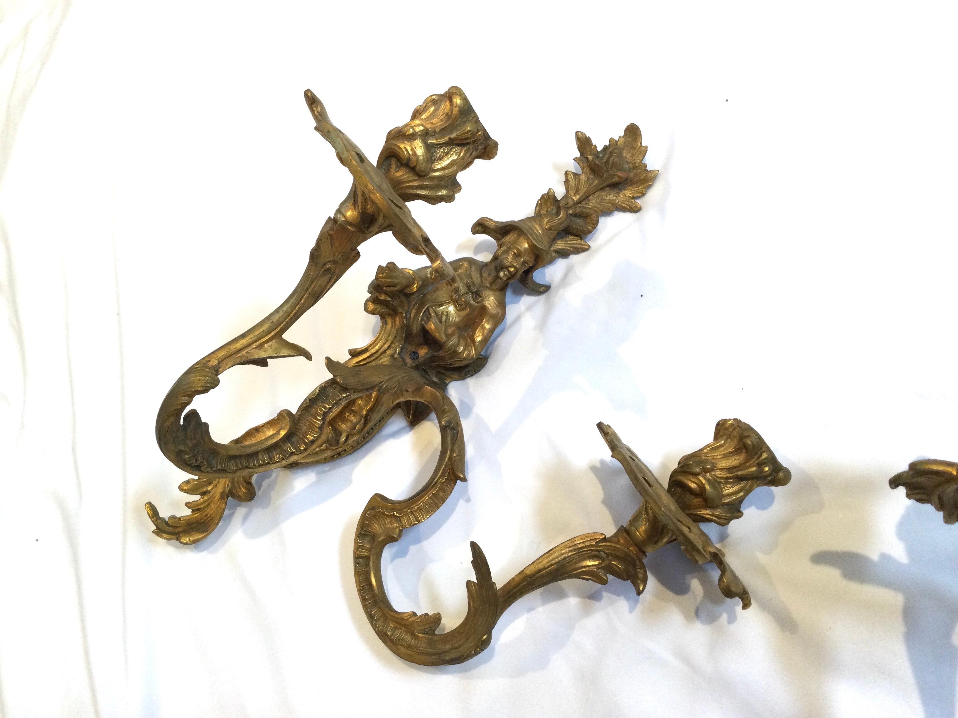 French Pair of Chinoiserie Double Candle Light Antique Gilt Bronze Figural Sconces For Sale