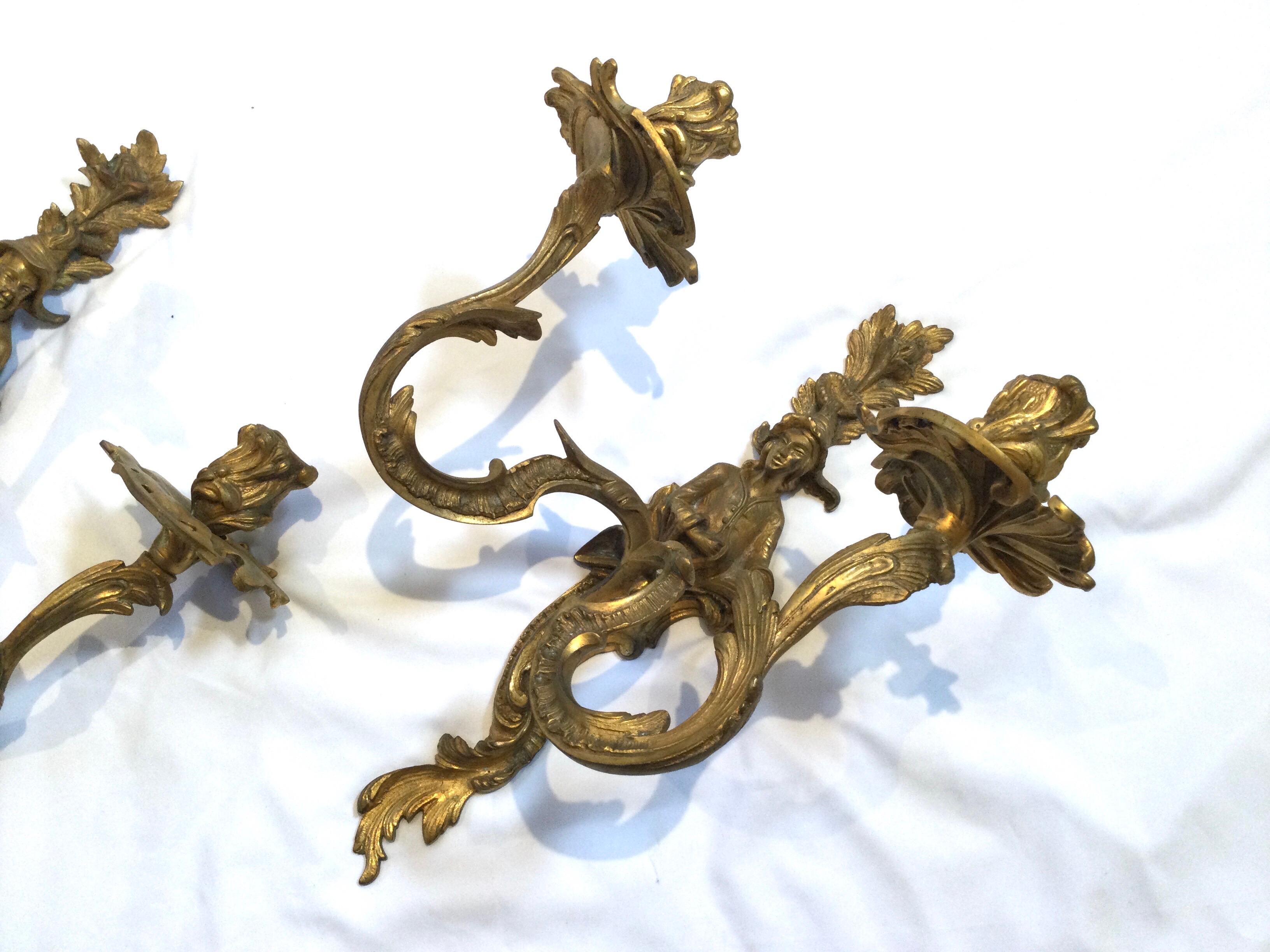 Pair of Chinoiserie Double Candle Light Antique Gilt Bronze Figural Sconces In Good Condition For Sale In Lambertville, NJ