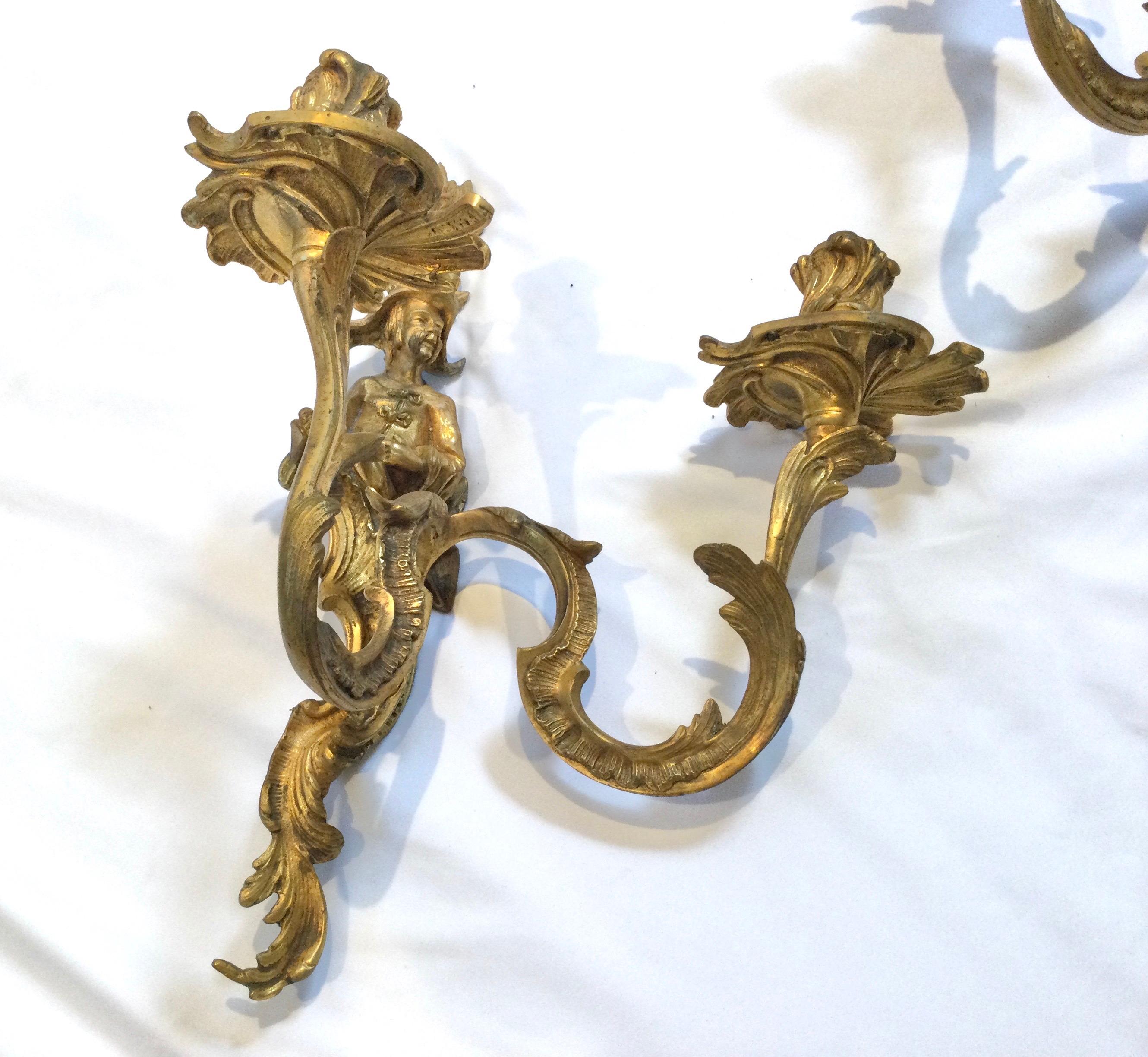 19th Century Pair of Chinoiserie Double Candle Light Antique Gilt Bronze Figural Sconces For Sale