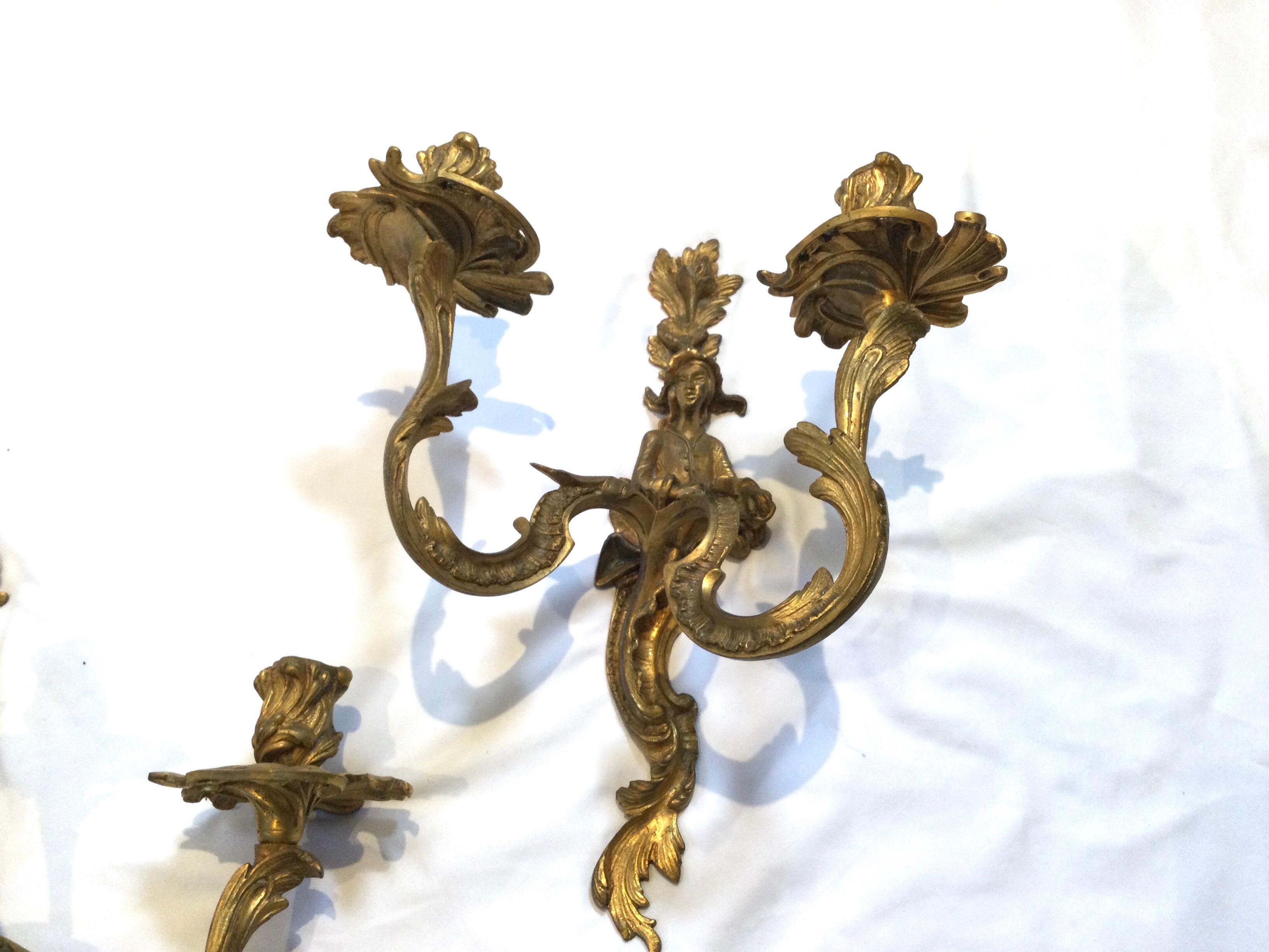 Pair of Chinoiserie Double Candle Light Antique Gilt Bronze Figural Sconces For Sale 1