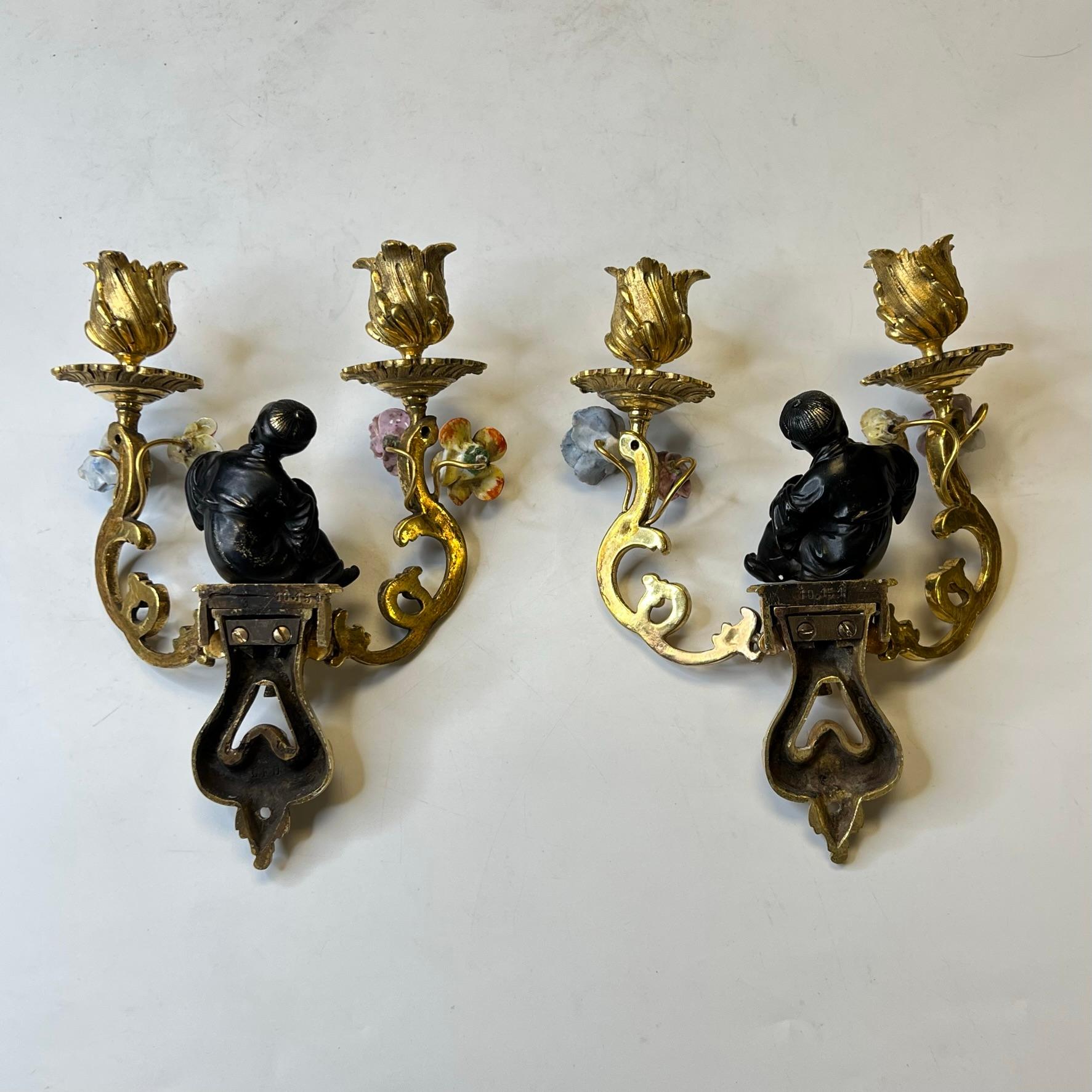 Pair Chinoiserie Gilt Bronze and Porcelain Sconces 7