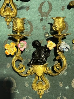 Pair Chinoiserie Gilt Bronze and Porcelain Sconces