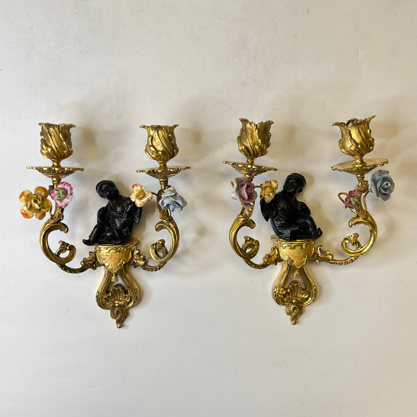 French Pair Chinoiserie Gilt Bronze and Porcelain Sconces