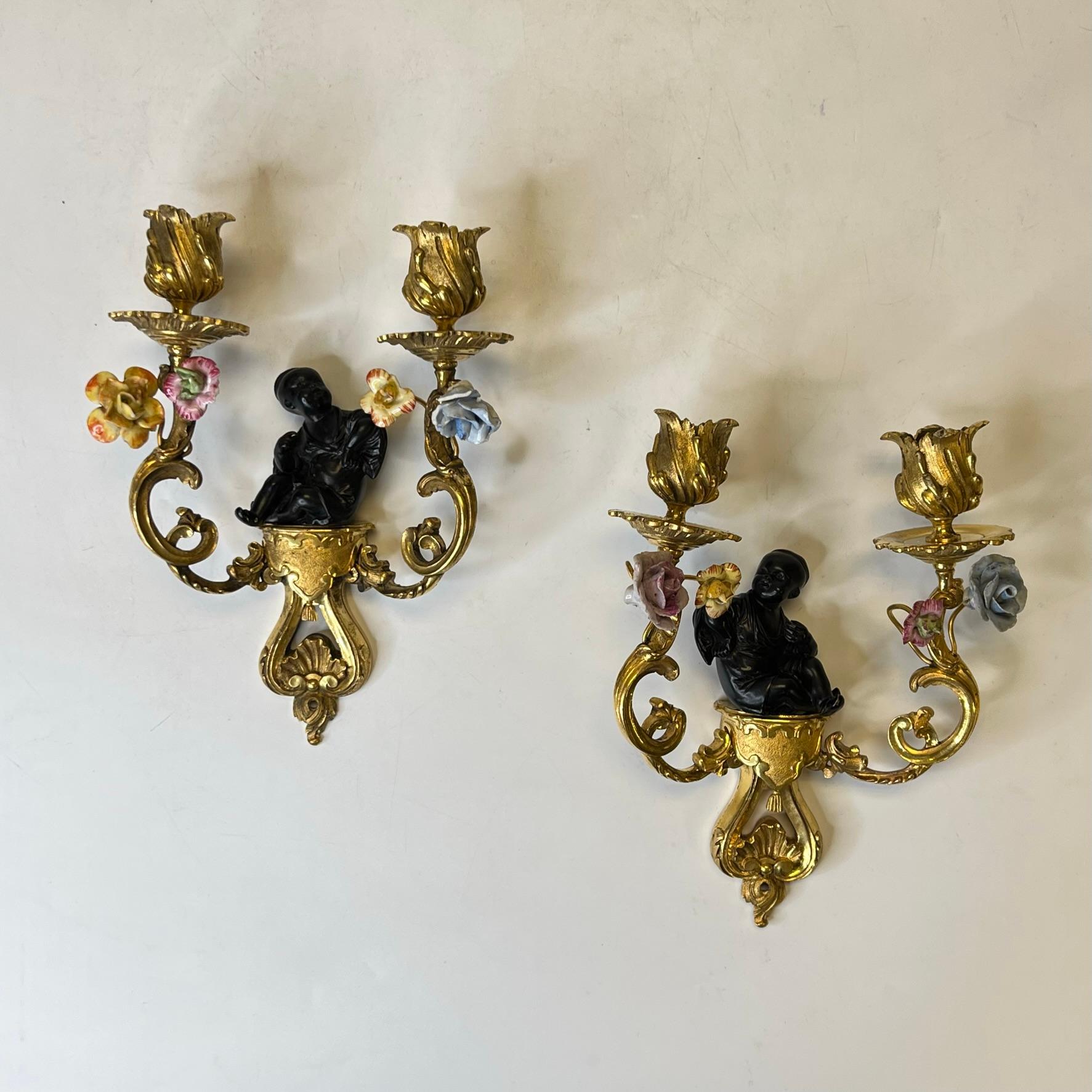 Patinated Pair Chinoiserie Gilt Bronze and Porcelain Sconces