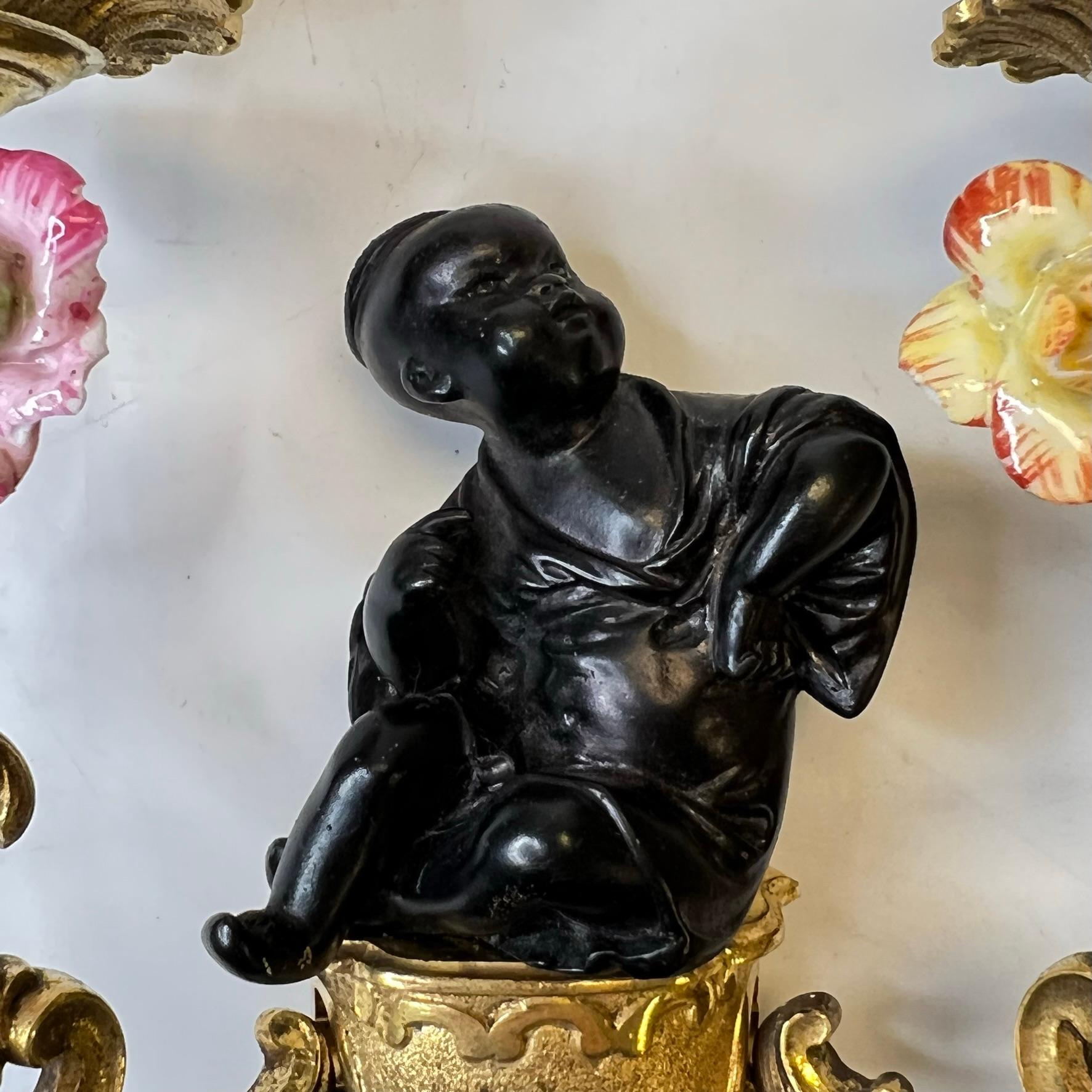 19th Century Pair Chinoiserie Gilt Bronze and Porcelain Sconces