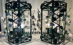 Pair Chinoiserie Green Lanterns with White Porcelain Flowers