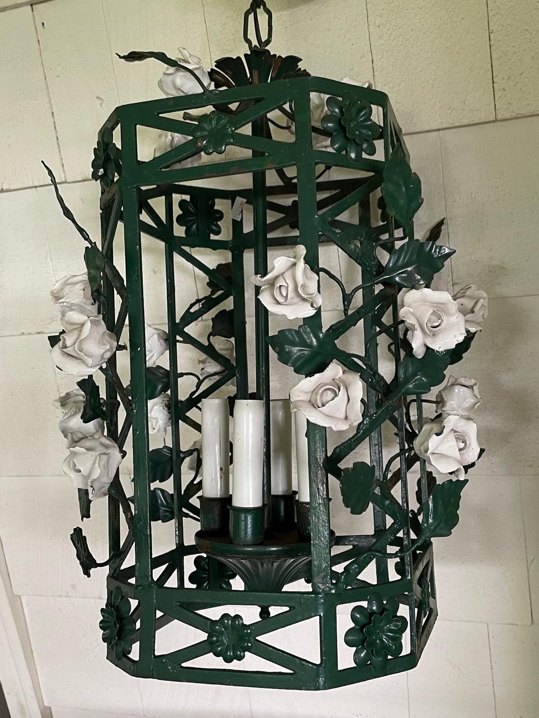 Italian Pair Chinoiserie Green Lanterns with White Porcelain Flowers For Sale