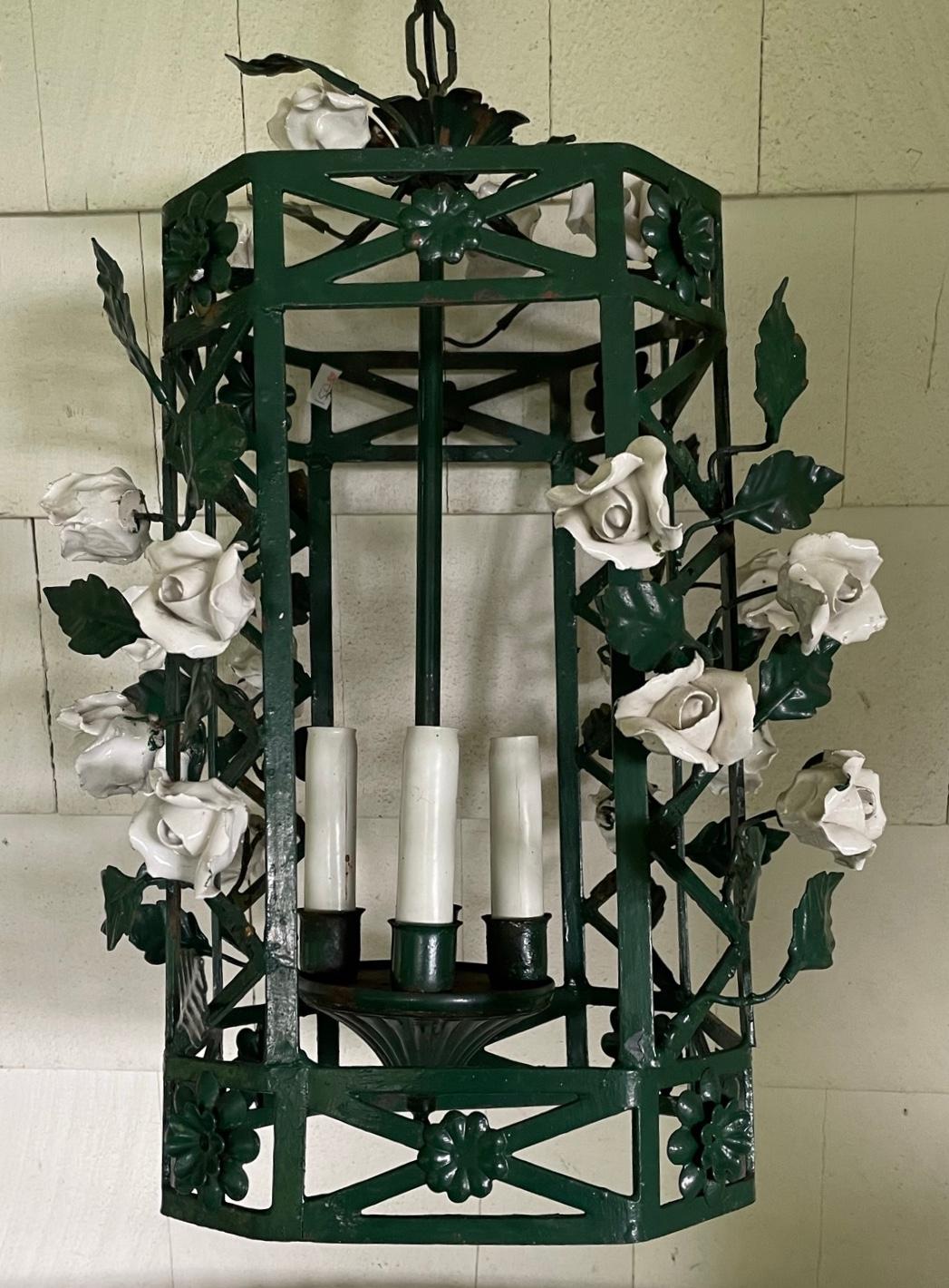Hand-Crafted Pair Chinoiserie Green Lanterns with White Porcelain Flowers For Sale