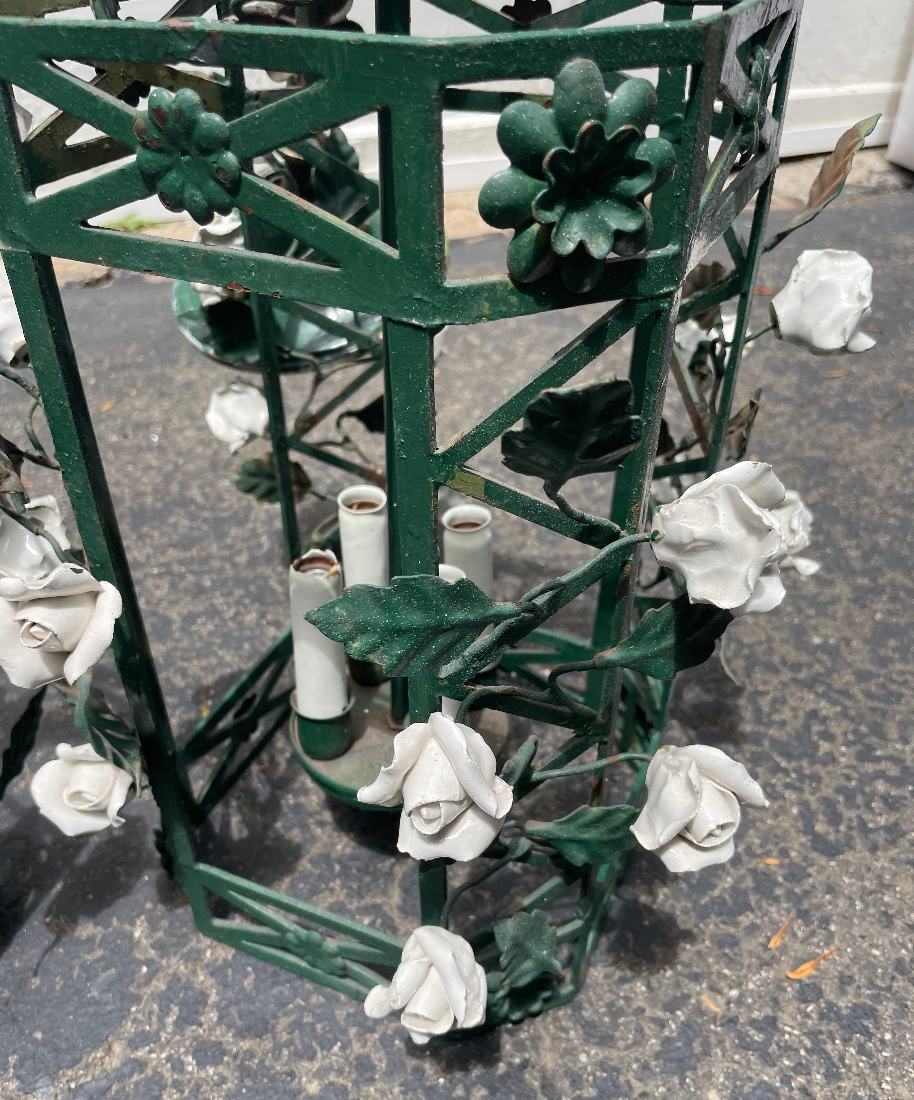 Metal Pair Chinoiserie Green Lanterns with White Porcelain Flowers For Sale