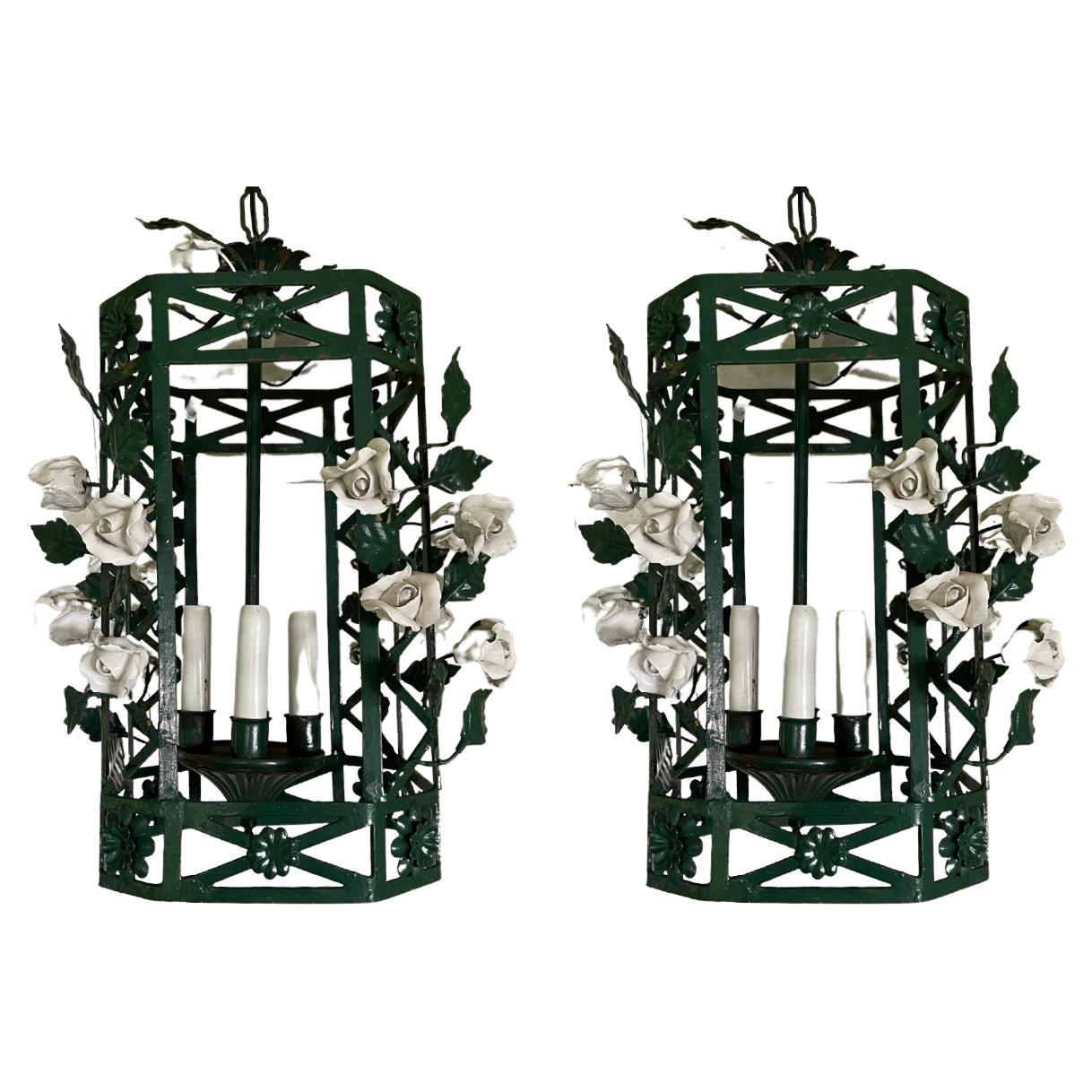 Pair Chinoiserie Green Lanterns with White Porcelain Flowers For Sale