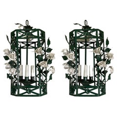 Pair Chinoiserie Green Lanterns with White Porcelain Flowers