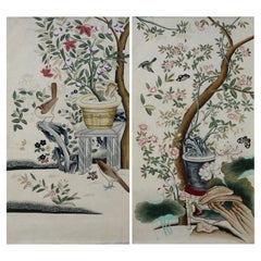 Pair Chinoiserie Hand Painted Wallpaper Panels of Birds in a Garden Setting