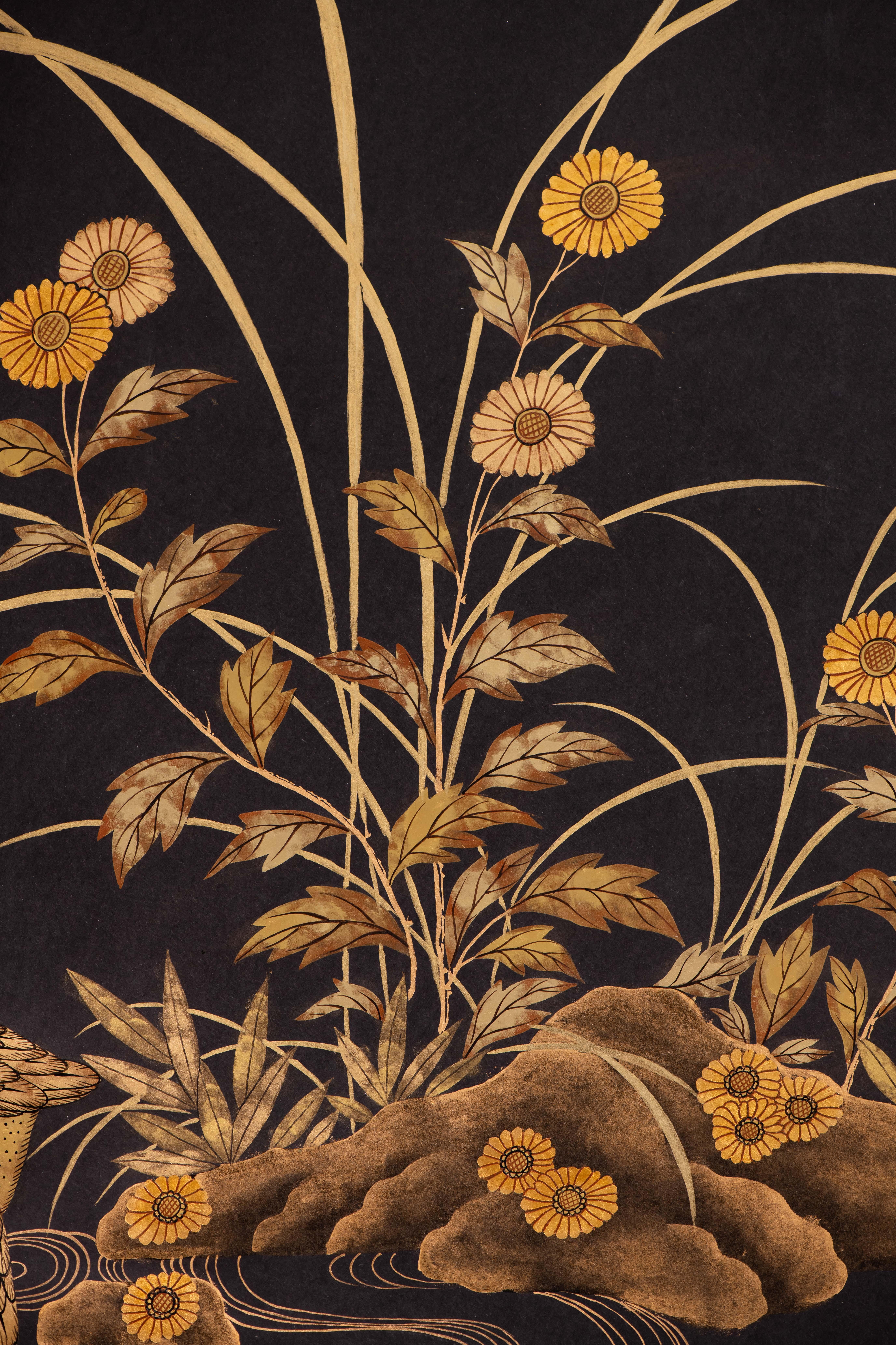 Paire de panneaux de papier peints à la main de style chinoiseries - Golden Grouse in Grasses  en vente 3