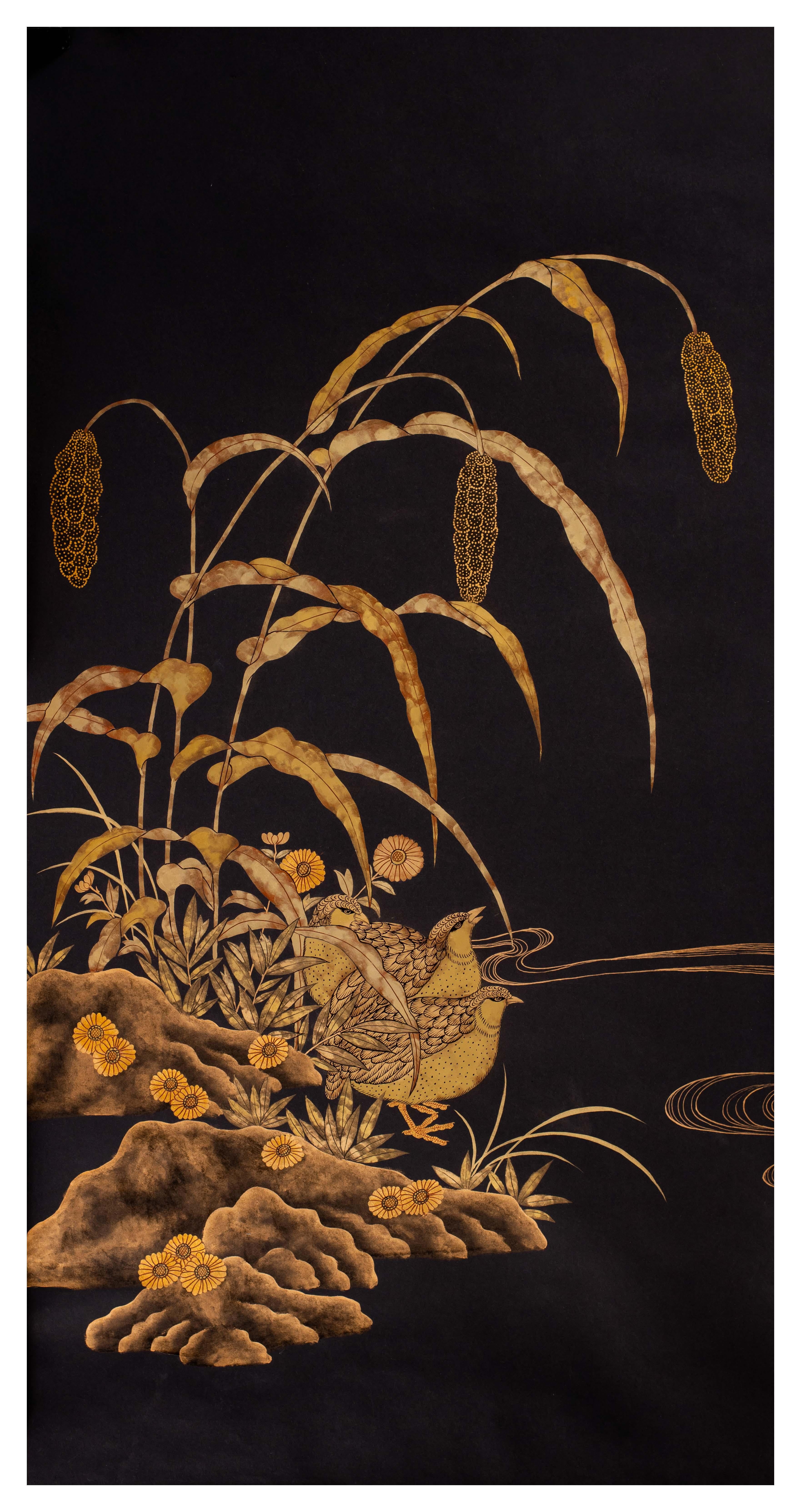 The fine pair of wallpaper panels was hand-painted in gilt paint on rice paper, reproducing the 19th century Chinese export chinoiserie painting of golden grouse in grasses on export wallpaper, from our studio. An antiquing process is applied to the