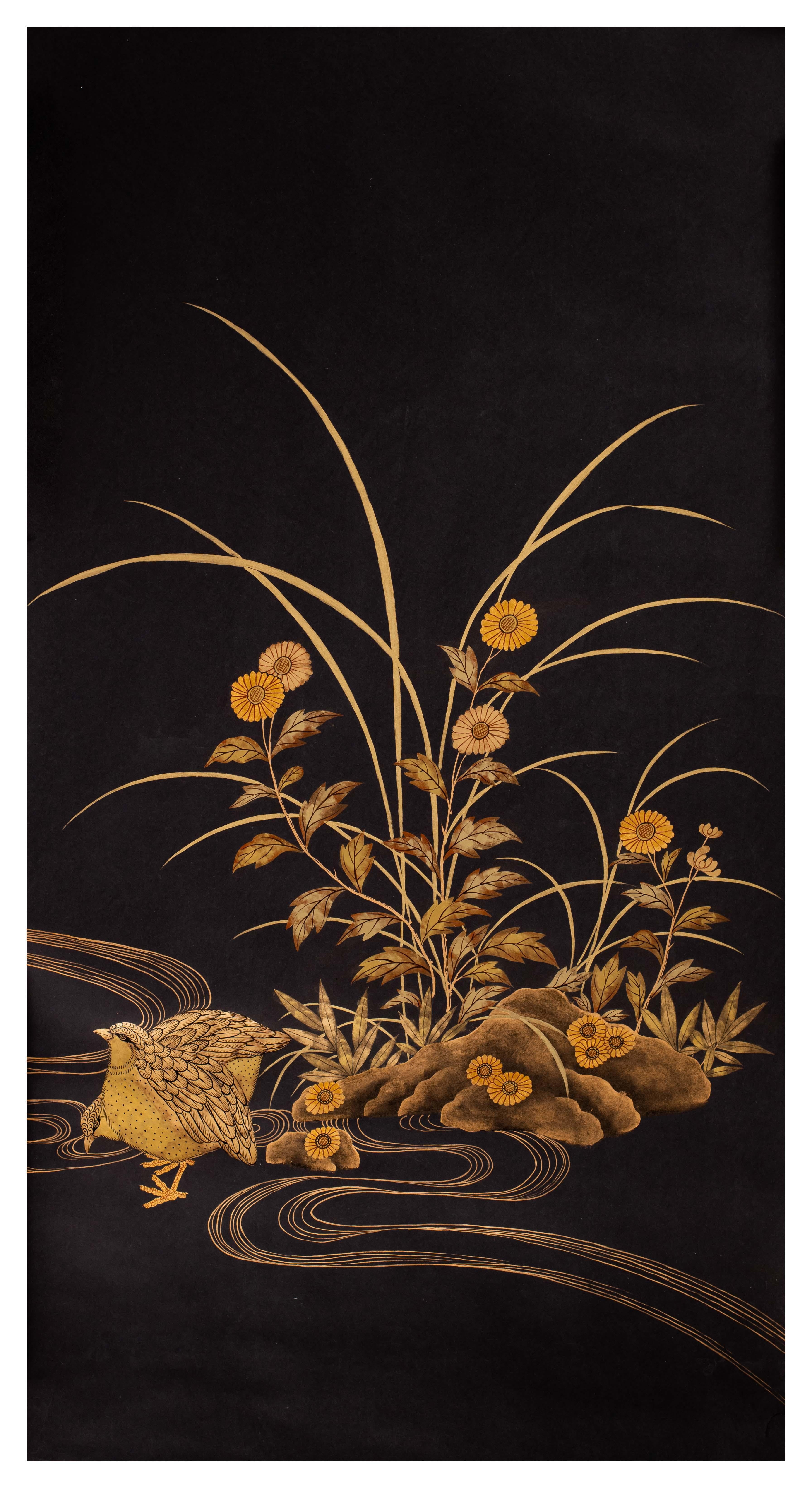 Chinois Paire de panneaux de papier peints à la main de style chinoiseries - Golden Grouse in Grasses  en vente