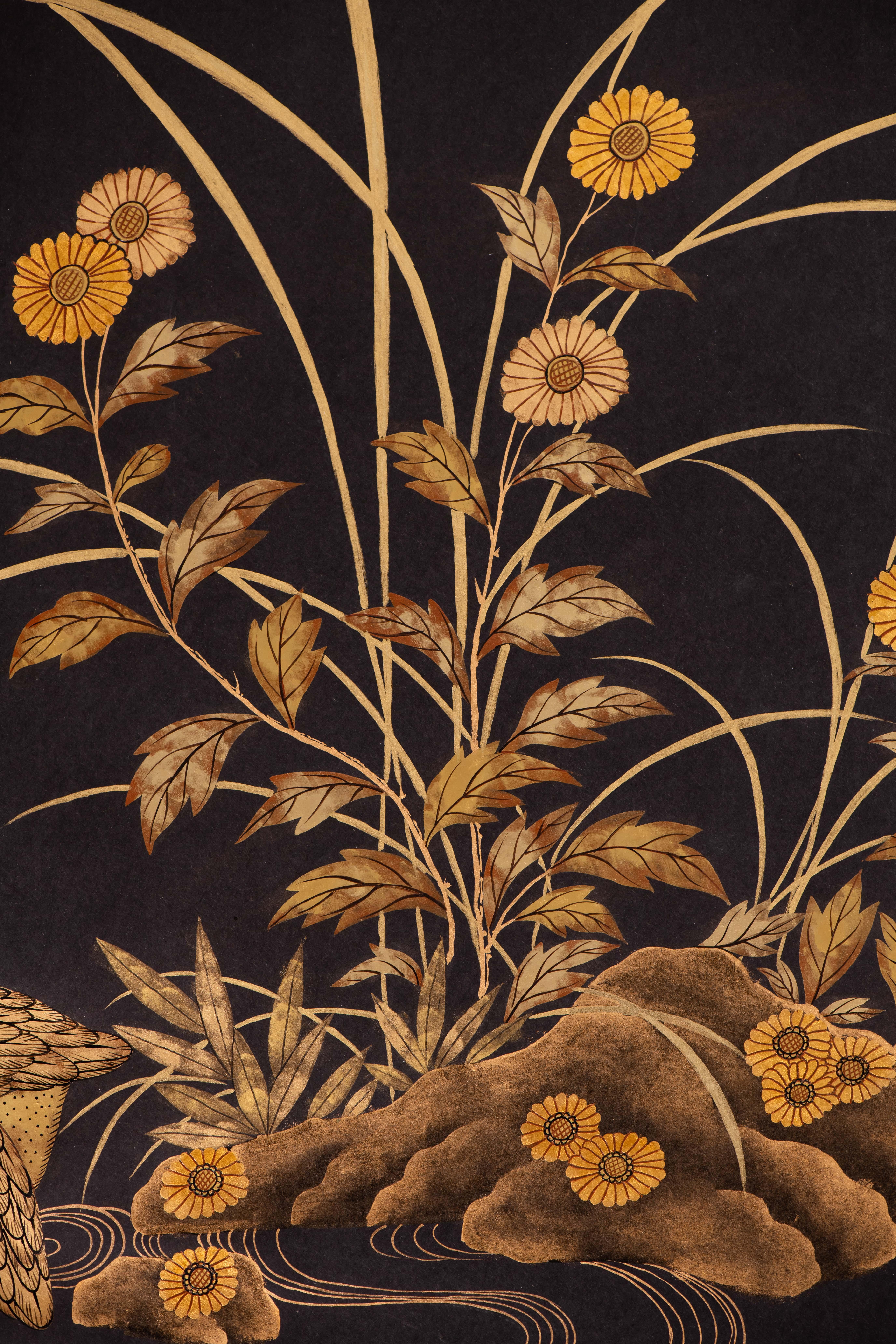 Peint à la main Paire de panneaux de papier peints à la main de style chinoiseries - Golden Grouse in Grasses  en vente